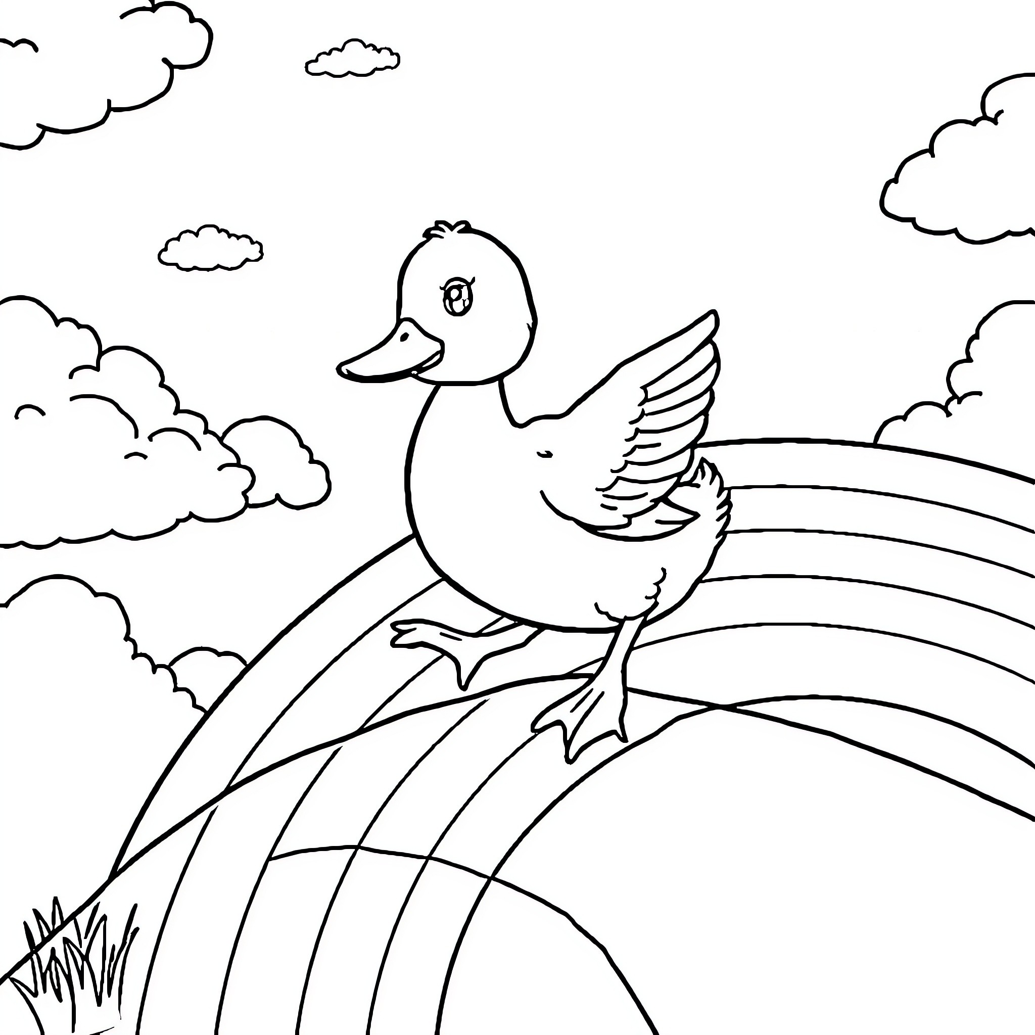Duck soaring amidst clouds on a bright day Coloring Page (free black-and-white line drawing printable PDF for all, from beginners to advanced learners, including children, teens, adults, and seniors)