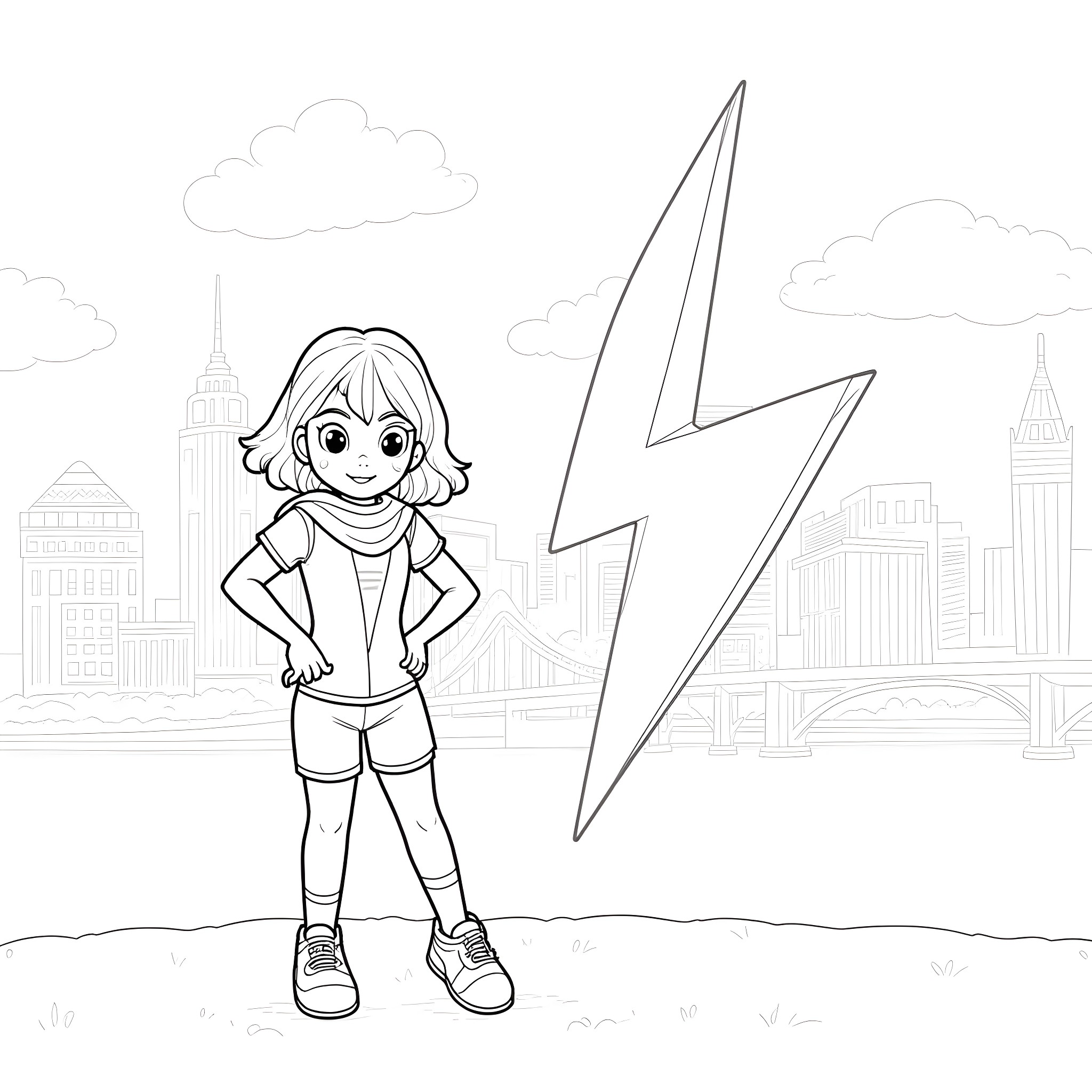Girl stands confidently in front of a city skyline Coloring Page (free black-and-white line drawing printable PDF for all, from beginners to advanced learners, including children, teens, adults, and seniors)
