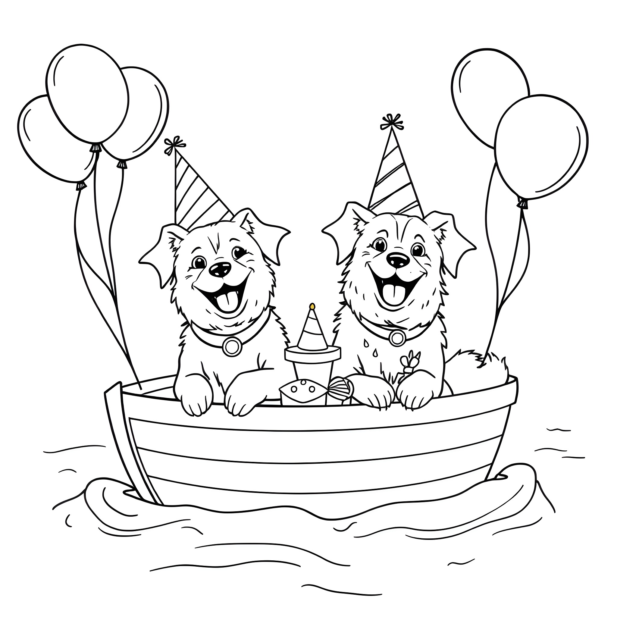 Dog friends celebrate birthday party with balloons Coloring Page (free black-and-white line drawing printable PDF for all, from beginners to advanced learners, including children, teens, adults, and seniors)