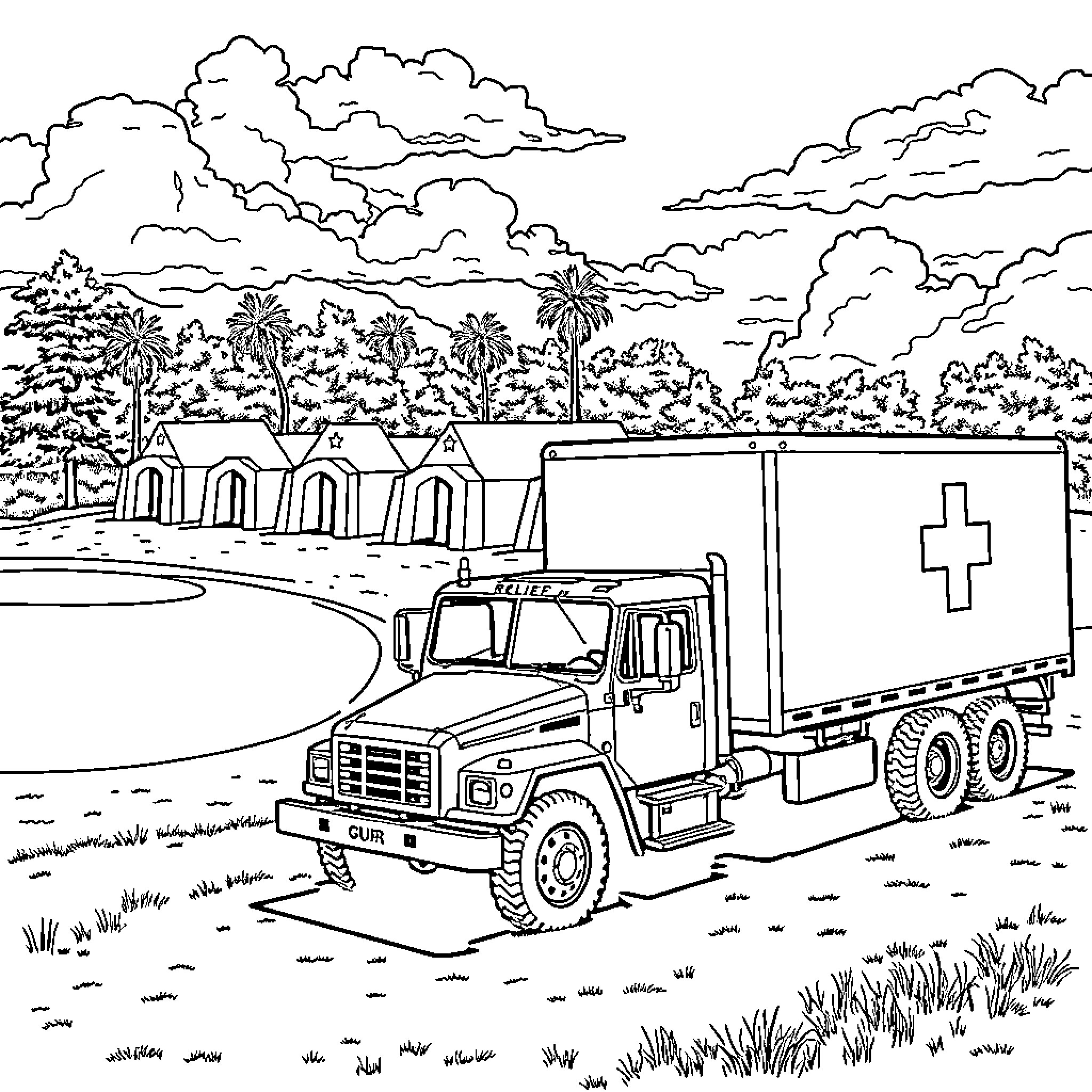 Bunker supplies in a tropical environment Coloring Page (free black-and-white line drawing printable PDF for all, from beginners to advanced learners, including children, teens, adults, and seniors)