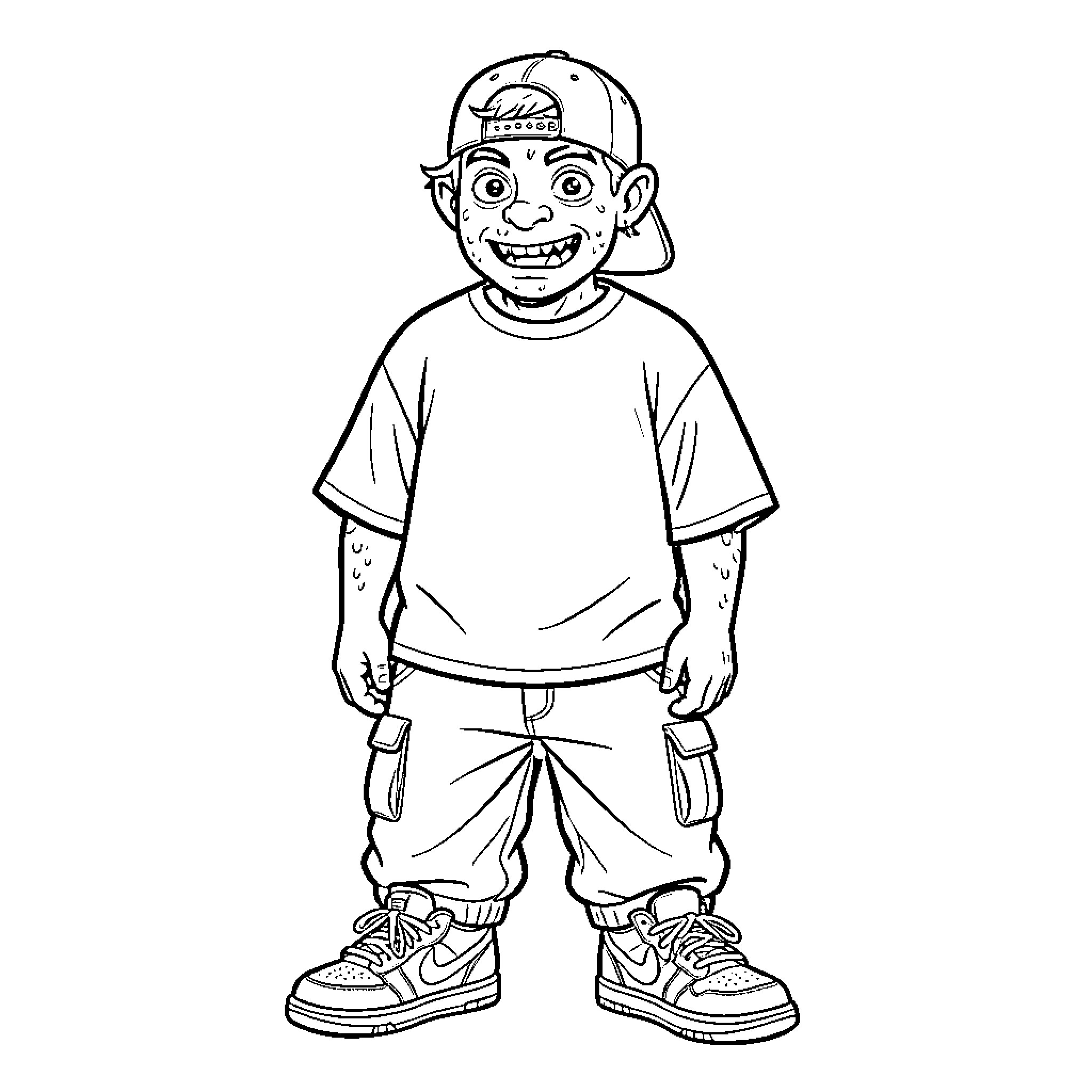Monster laughing in casual outfit Coloring Page (free black-and-white line drawing printable PDF for all, from beginners to advanced learners, including children, teens, adults, and seniors)