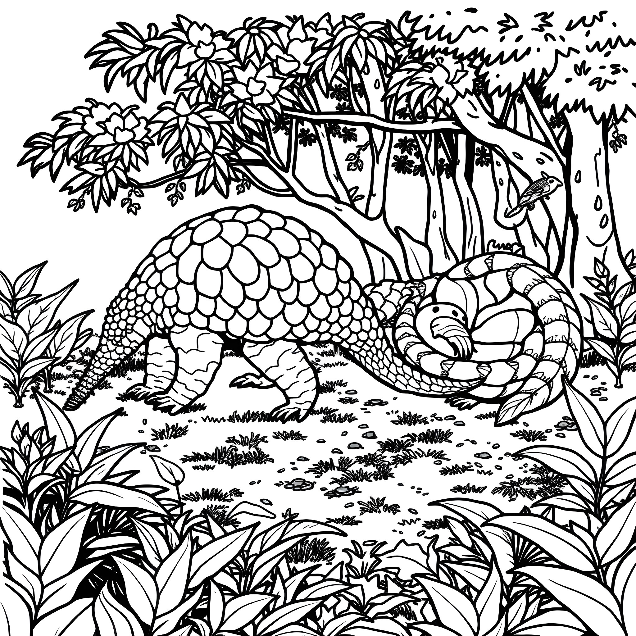 Pangolin exploring the lush jungle landscape Coloring Page (free black-and-white line drawing printable PDF for all, from beginners to advanced learners, including children, teens, adults, and seniors)