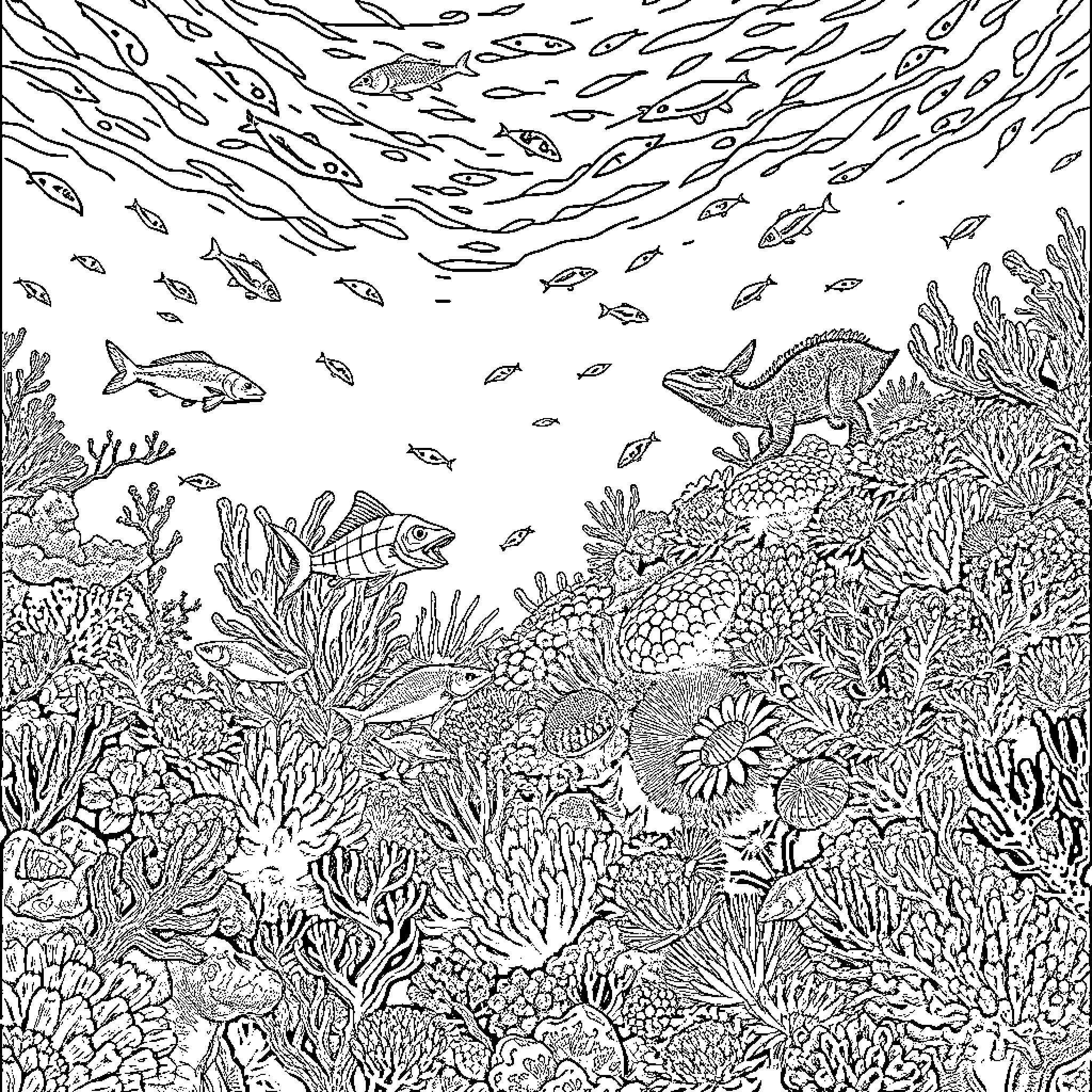 Coral reef teeming with diverse marine life Coloring Page (free black-and-white line drawing printable PDF for all, from beginners to advanced learners, including children, teens, adults, and seniors)
