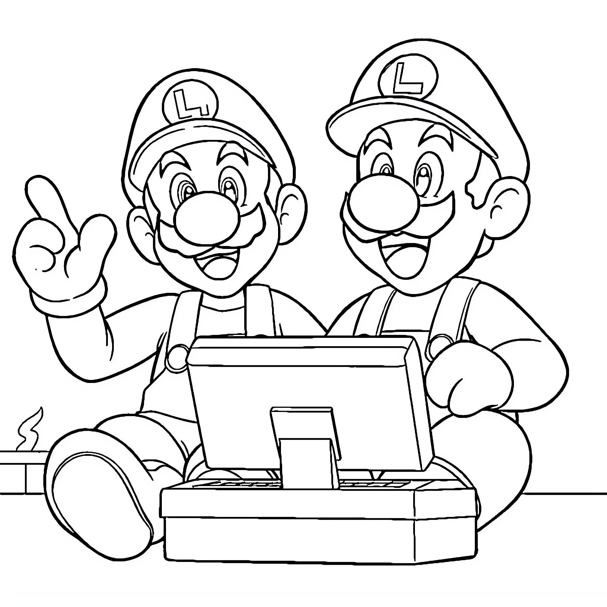 Mario and Luigi Playing Video Games Together Coloring Page (free black-and-white line drawing printable PDF for all, from beginners to advanced learners, including children, teens, adults, and seniors)