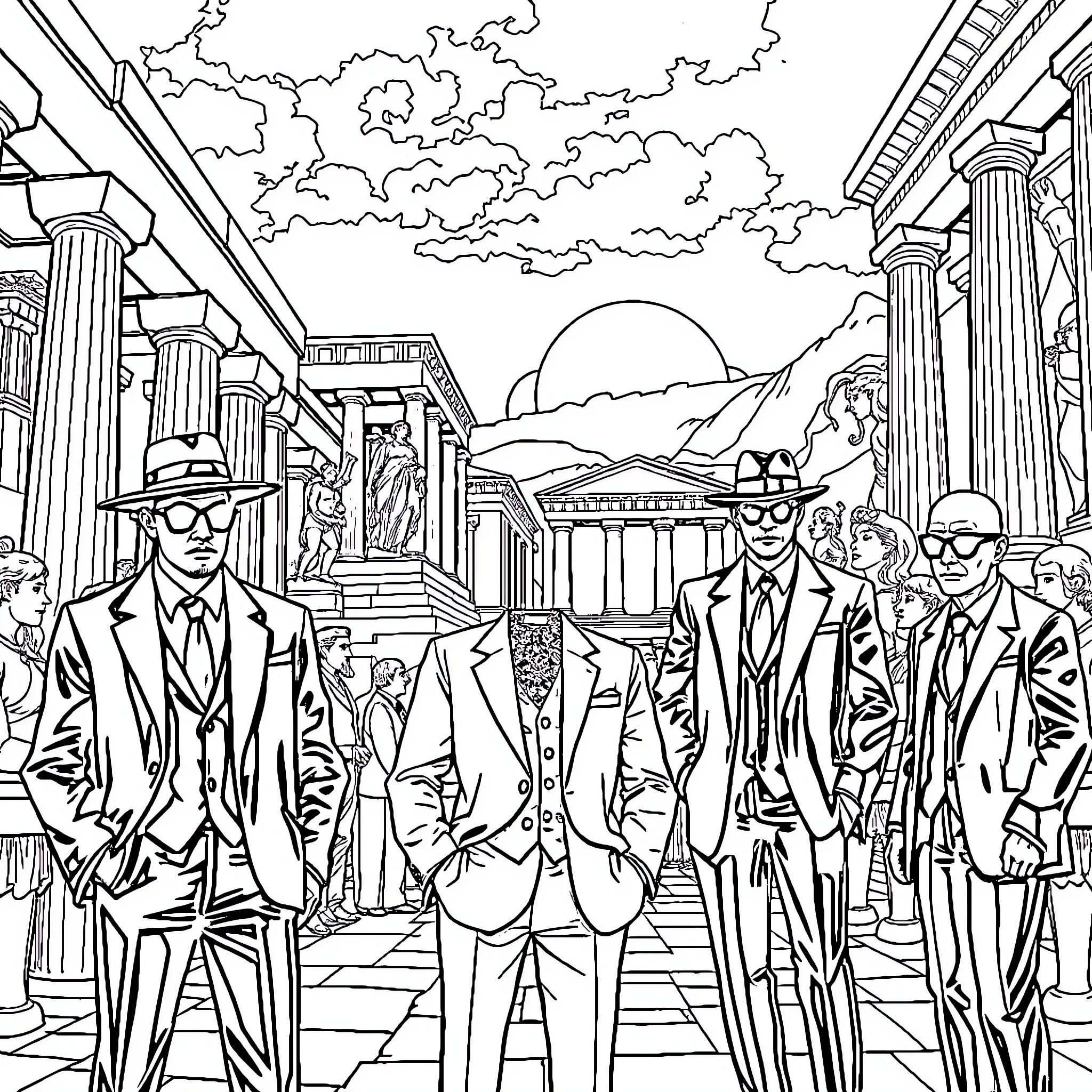 Gangster gathering at the city streets Coloring Page (free black-and-white line drawing printable PDF for all, from beginners to advanced learners, including children, teens, adults, and seniors)