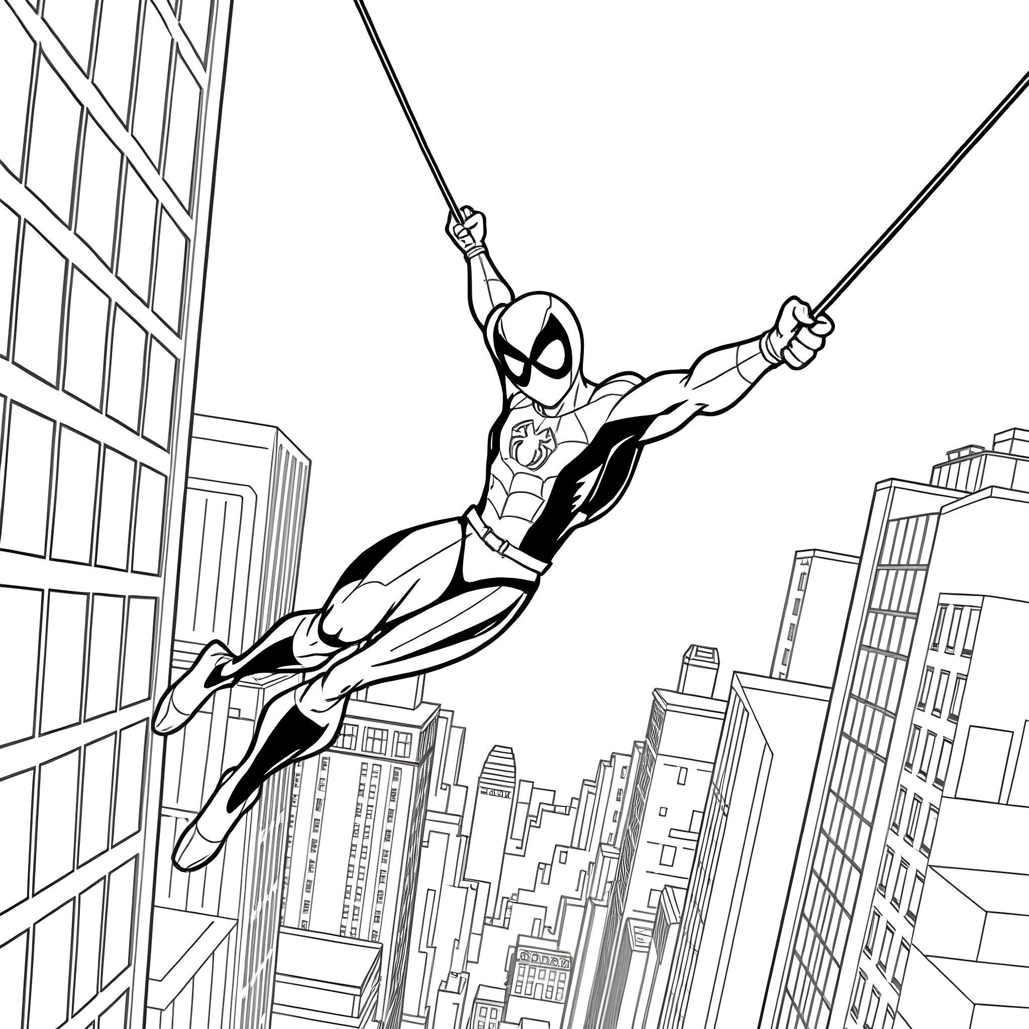 Bluey Swinging Through the Cityscape Coloring Page (free black-and-white line drawing printable PDF for all, from beginners to advanced learners, including children, teens, adults, and seniors)
