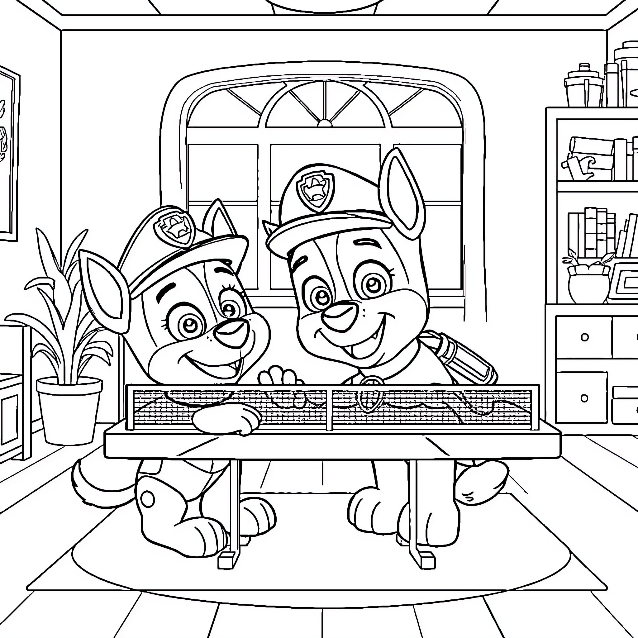 Marshal Pups Helping in the Station Coloring Page (free black-and-white line drawing printable PDF for all, from beginners to advanced learners, including children, teens, adults, and seniors)