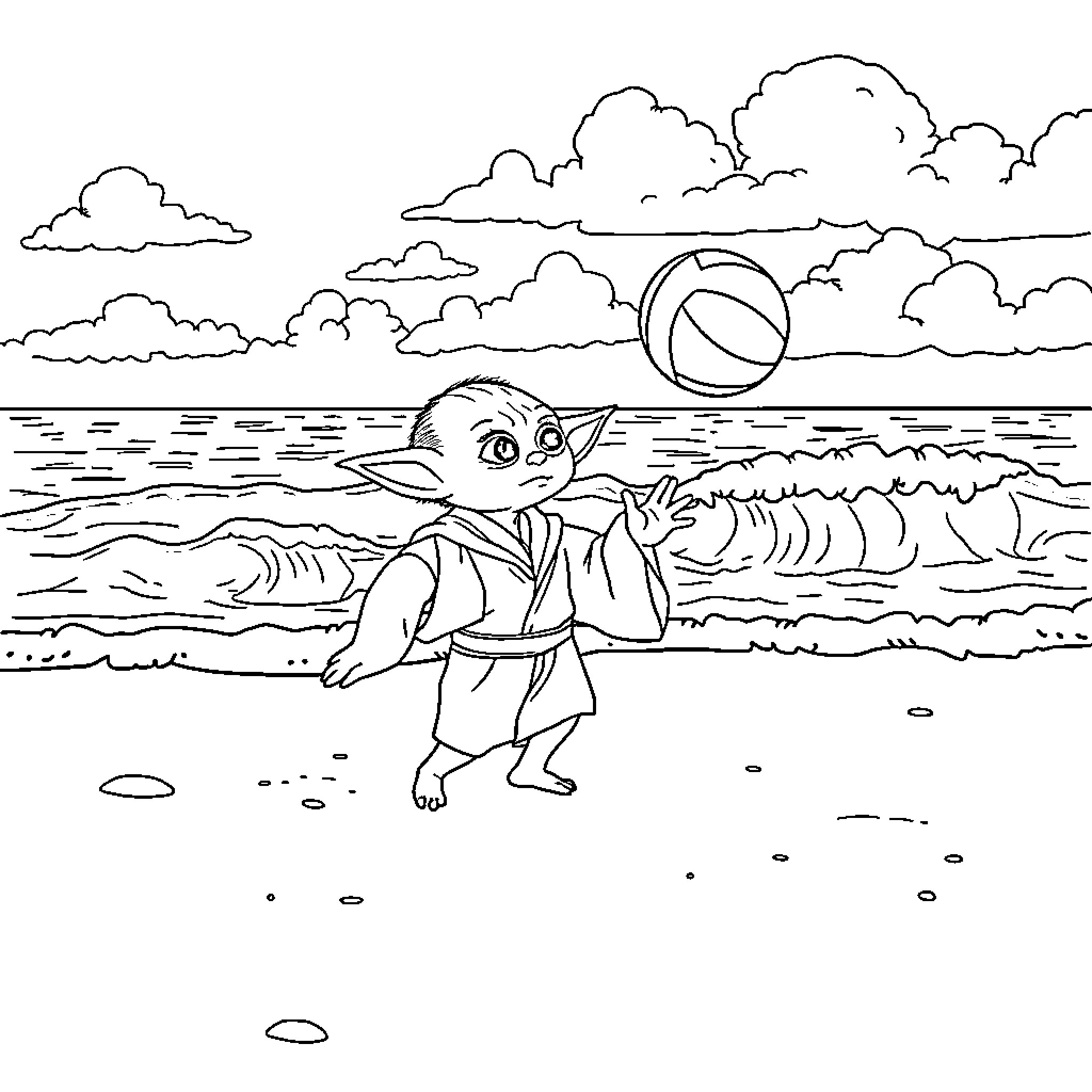 Yoda playing with beach ball on the shore Coloring Page (free black-and-white line drawing printable PDF for all, from beginners to advanced learners, including children, teens, adults, and seniors)