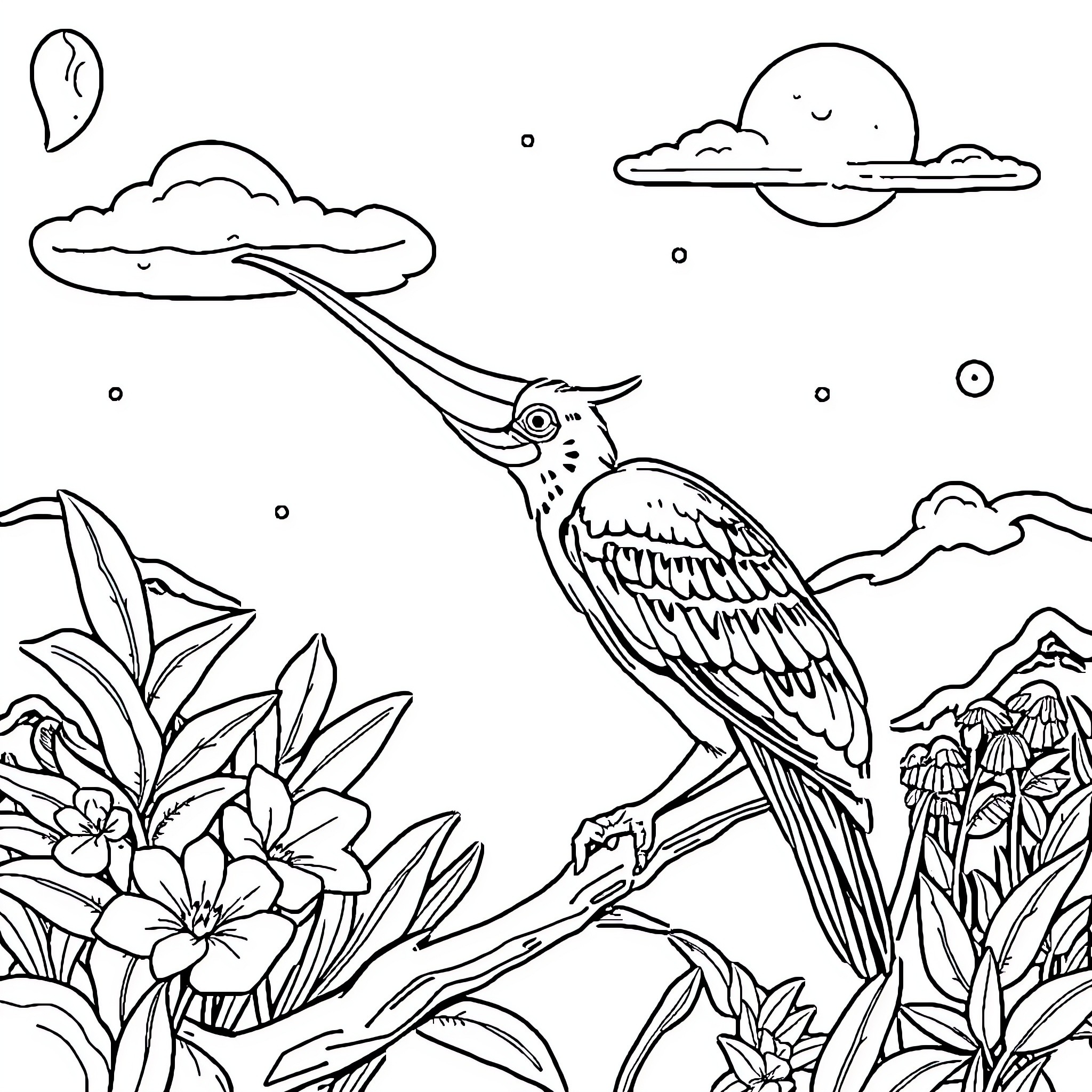 Train of colorful birds soaring over enchanted landscape Coloring Page (free black-and-white line drawing printable PDF for all, from beginners to advanced learners, including children, teens, adults, and seniors)
