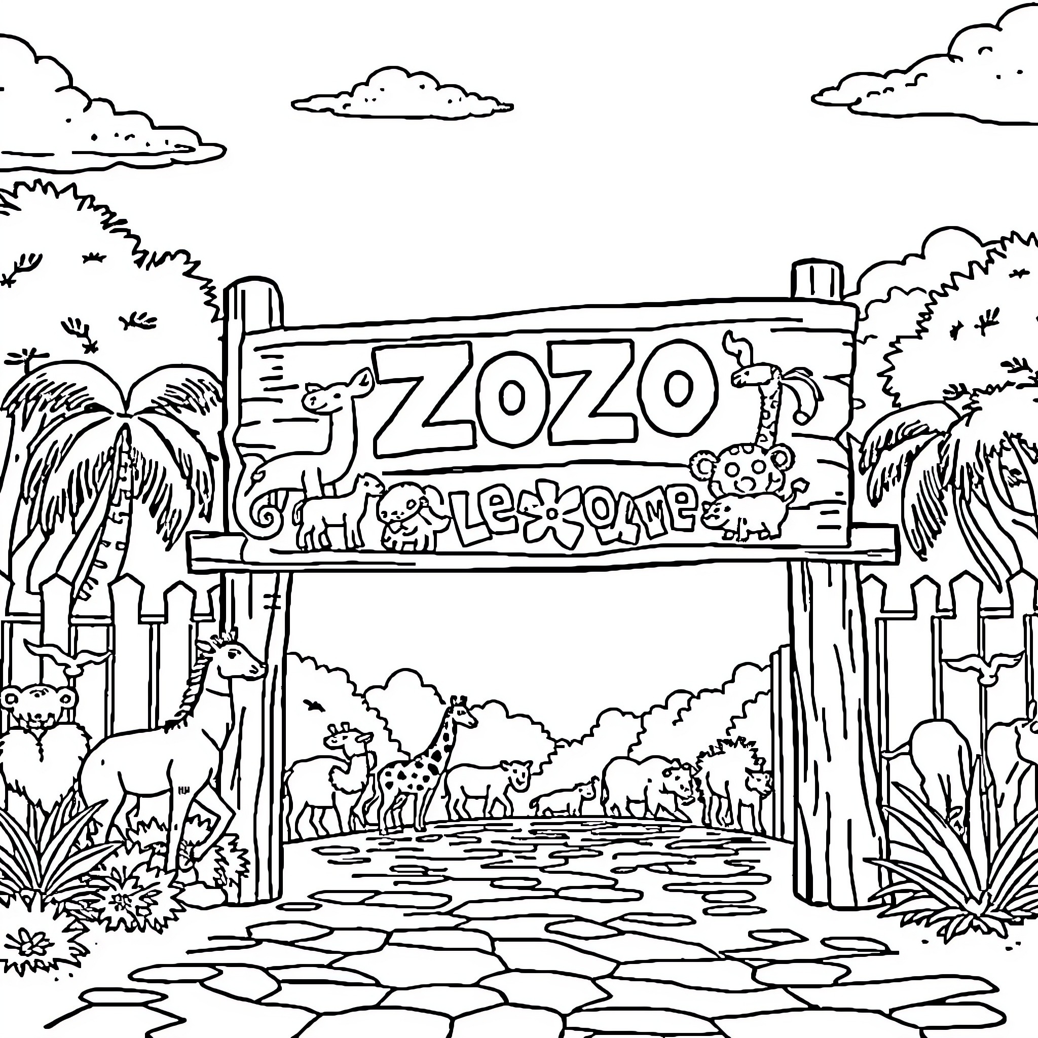 Zoo Sign with Playful Animals and Lush Scenery Coloring Page (free black-and-white line drawing printable PDF for all, from beginners to advanced learners, including children, teens, adults, and seniors)