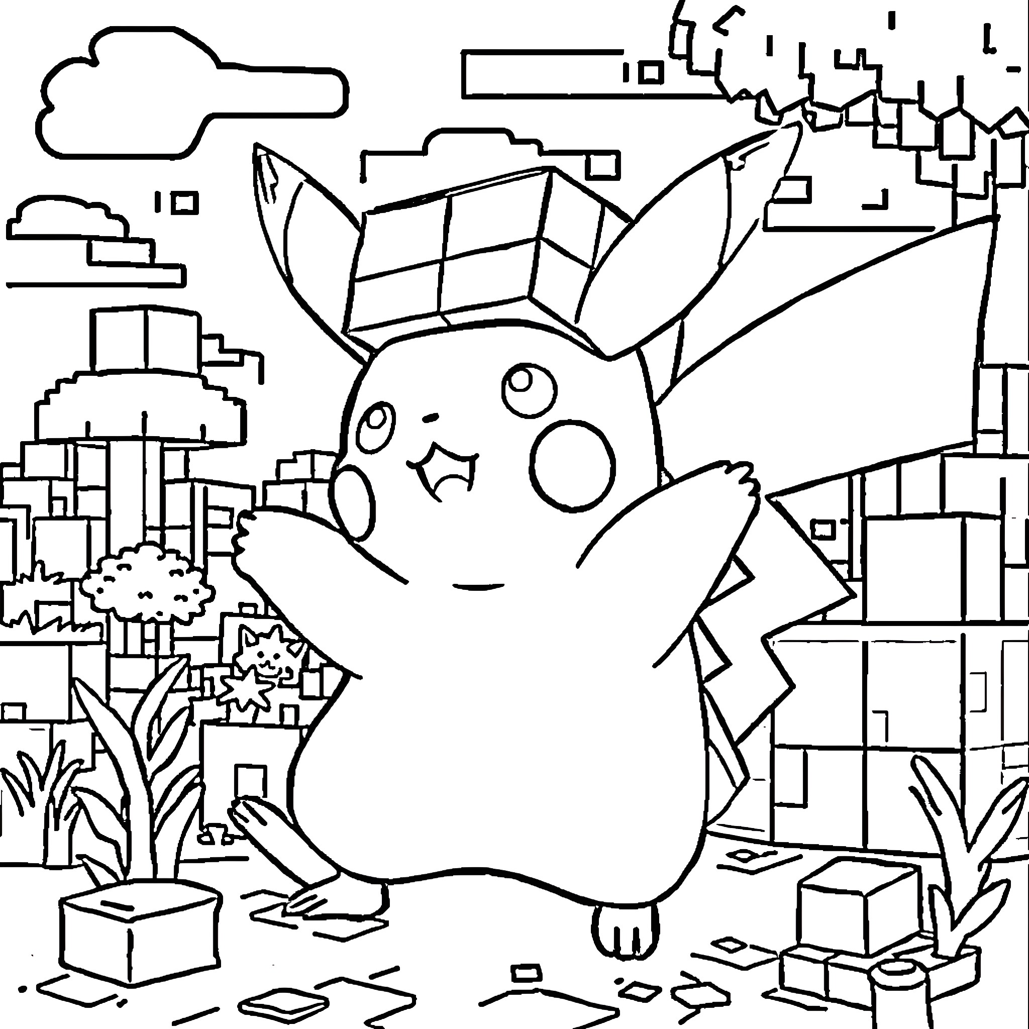 Pikachu exploring the city with playful expressions Coloring Page (free black-and-white line drawing printable PDF for all, from beginners to advanced learners, including children, teens, adults, and seniors)