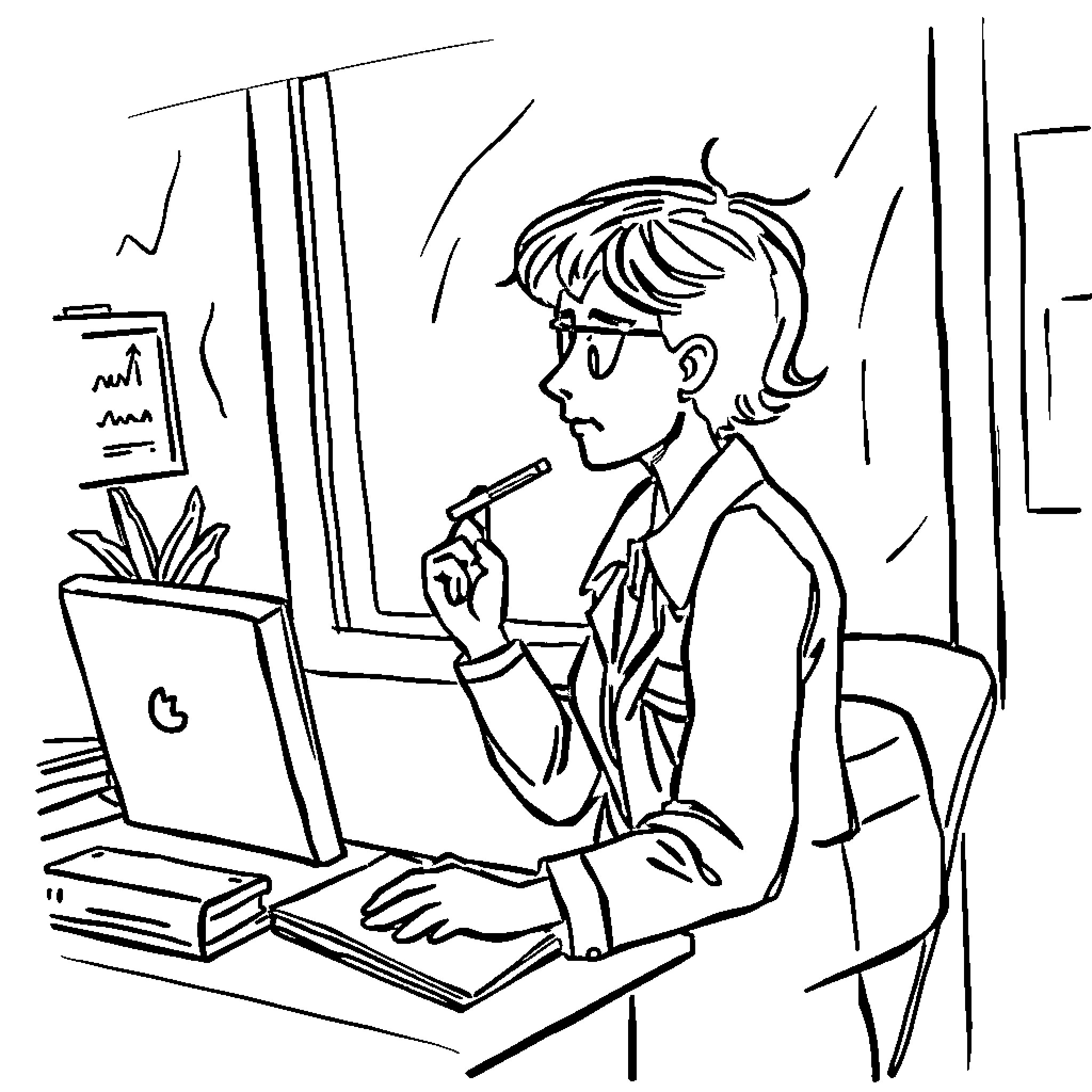 Complex Young Professional Working on Computer Coloring Page (free black-and-white line drawing printable PDF for all, from beginners to advanced learners, including children, teens, adults, and seniors)