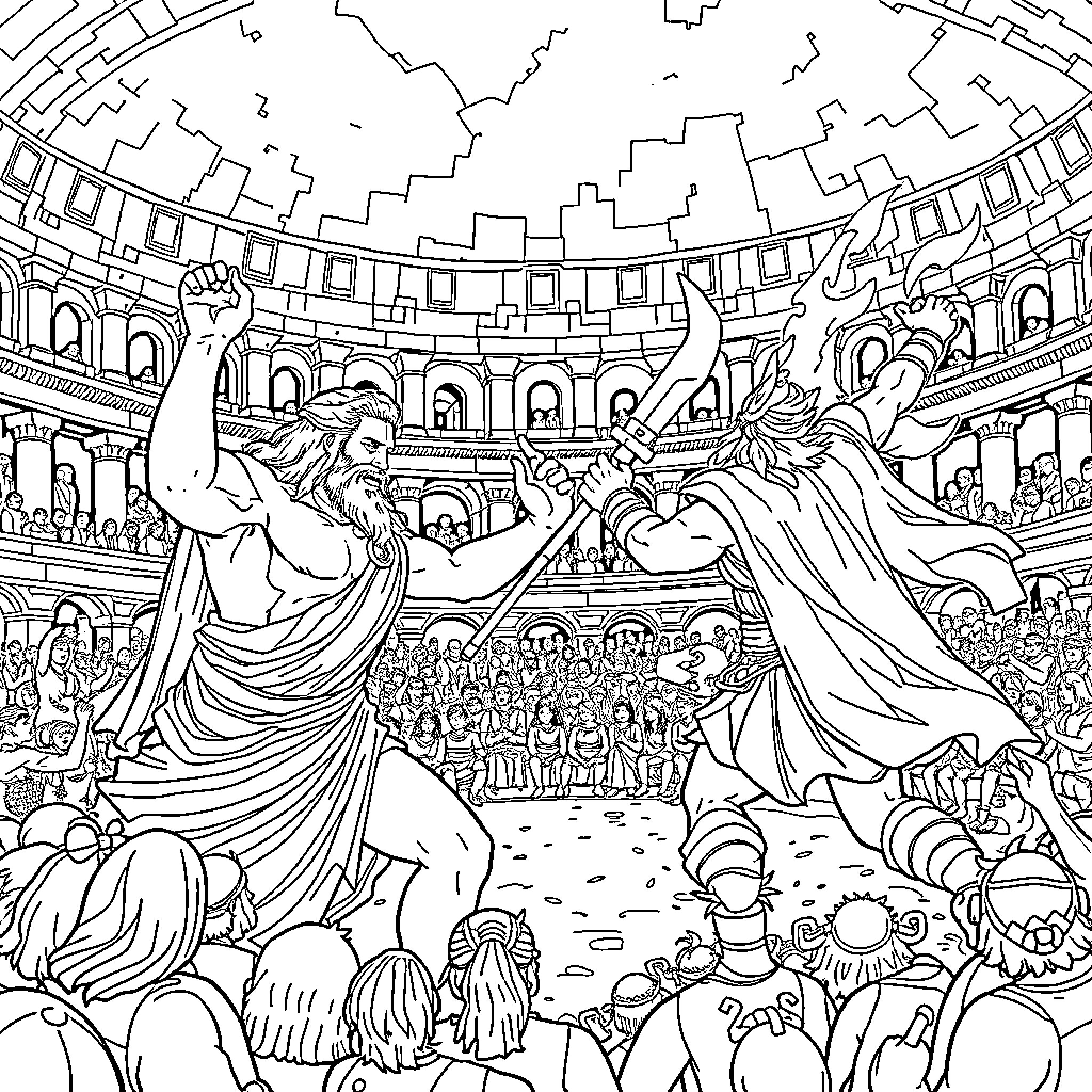 Zeus Presiding Over an Epic Gladiatorial Battle Coloring Page (free black-and-white line drawing printable PDF for all, from beginners to advanced learners, including children, teens, adults, and seniors)