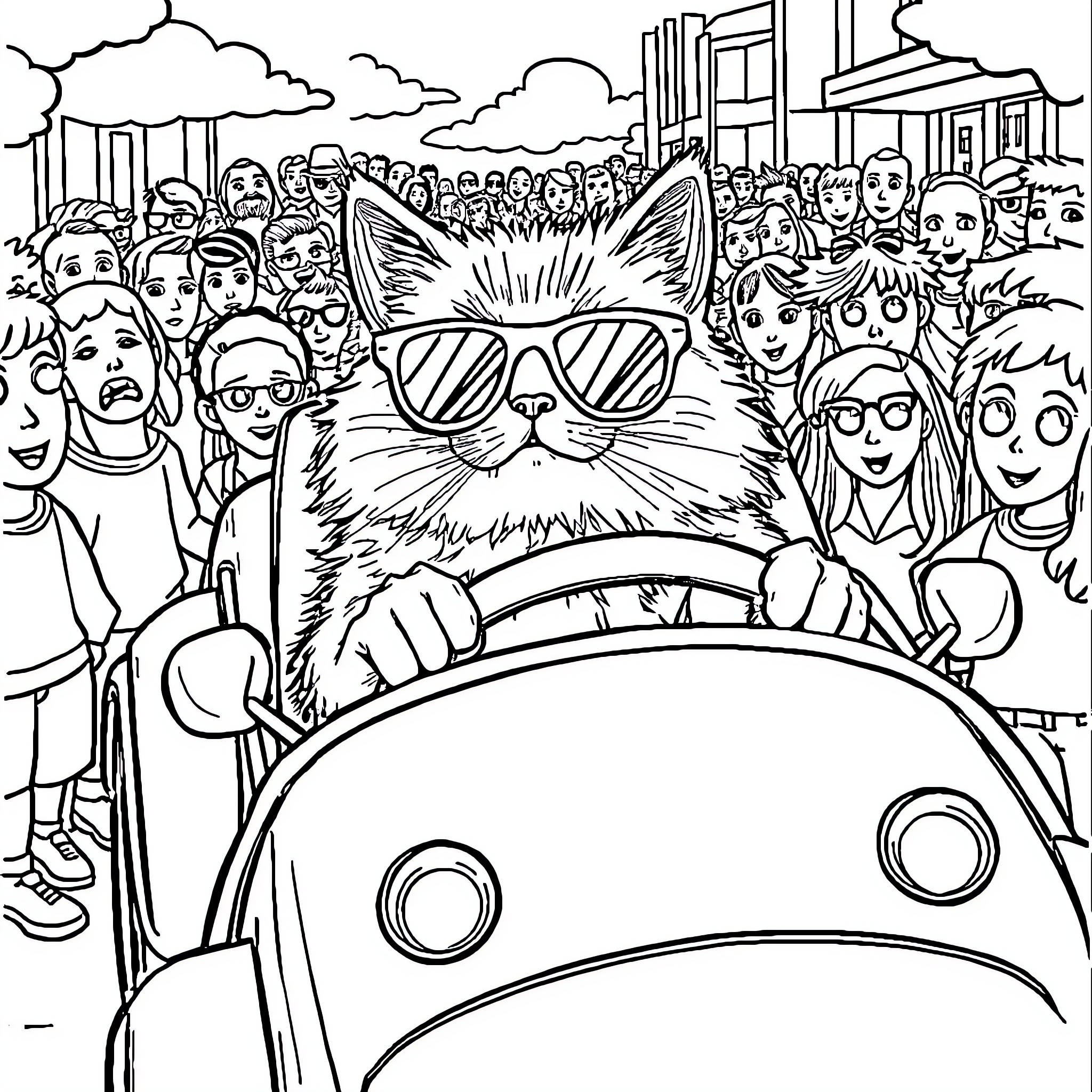 Cat Driving Crowd in a Futuristic City Coloring Page (free black-and-white line drawing printable PDF for all, from beginners to advanced learners, including children, teens, adults, and seniors)