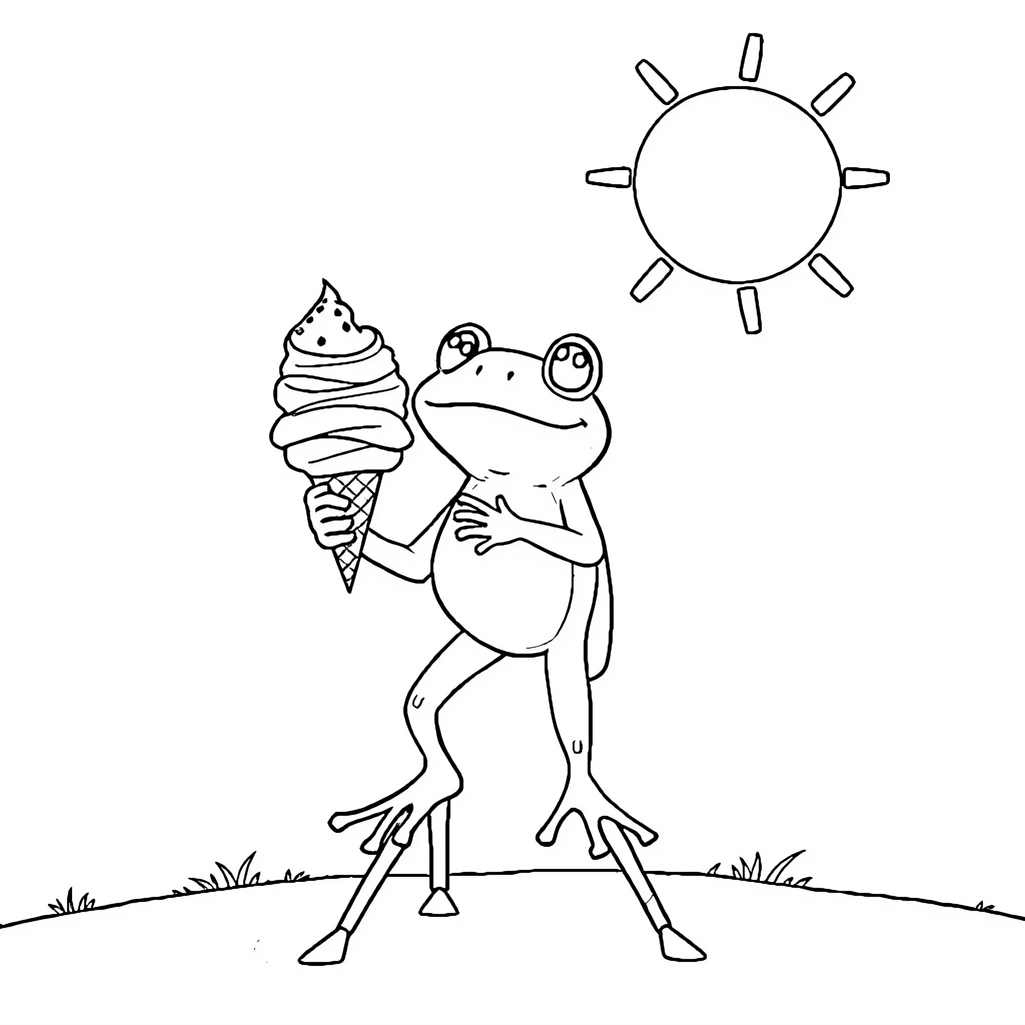 Frog enjoying an ice cream cone under the sun Coloring Page (free black-and-white line drawing printable PDF for all, from beginners to advanced learners, including children, teens, adults, and seniors)