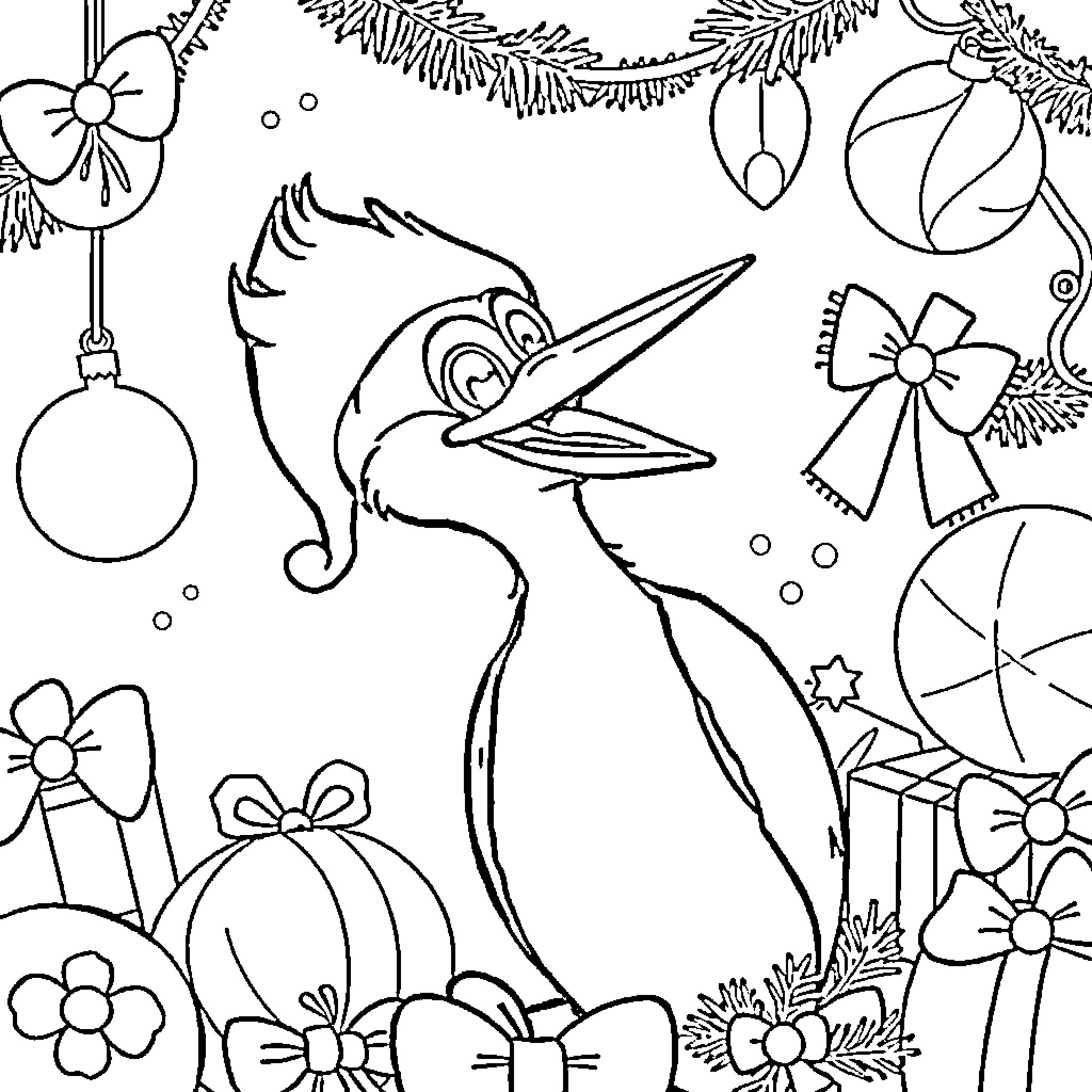 Woody Woodpecker decorating Christmas scene Coloring Page (free black-and-white line drawing printable PDF for all, from beginners to advanced learners, including children, teens, adults, and seniors)