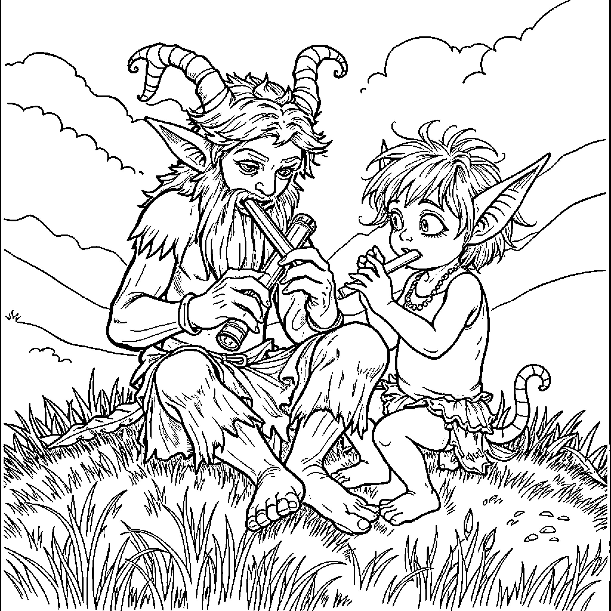 Satyr sharing a musical moment with a fairy in the meadow Coloring Page (free black-and-white line drawing printable PDF for all, from beginners to advanced learners, including children, teens, adults, and seniors)
