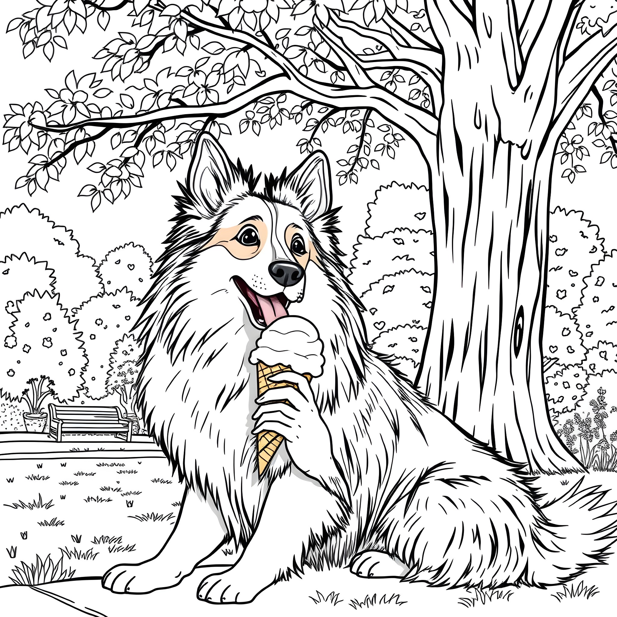 Sheltie enjoying an ice cream cone in the park Coloring Page (free black-and-white line drawing printable PDF for all, from beginners to advanced learners, including children, teens, adults, and seniors)