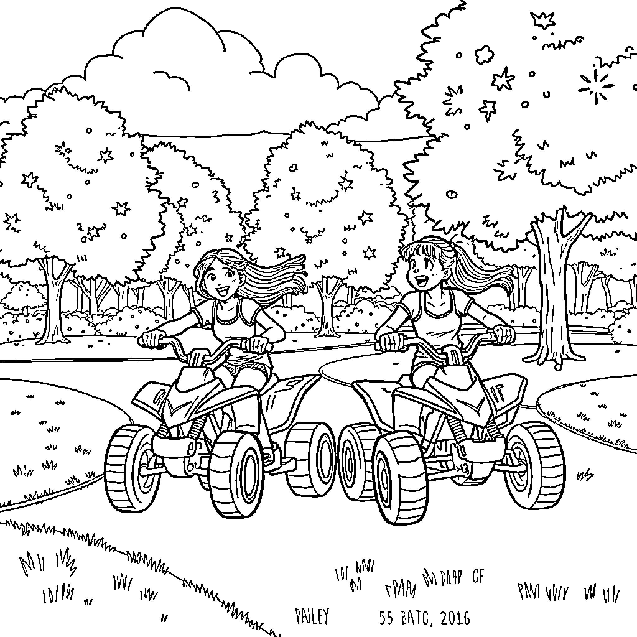 Girls riding quad bikes through a nature scene Coloring Page (free black-and-white line drawing printable PDF for all, from beginners to advanced learners, including children, teens, adults, and seniors)