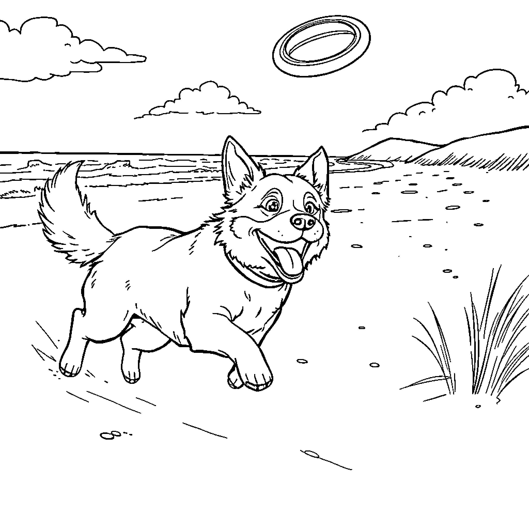Dog chasing a flying ring in the countryside Coloring Page (free black-and-white line drawing printable PDF for all, from beginners to advanced learners, including children, teens, adults, and seniors)