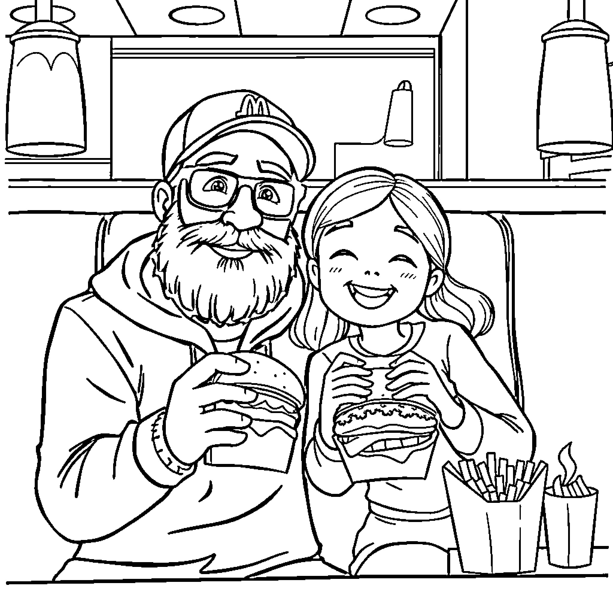 Girl enjoying a meal with a friendly man Coloring Page (free black-and-white line drawing printable PDF for all, from beginners to advanced learners, including children, teens, adults, and seniors)