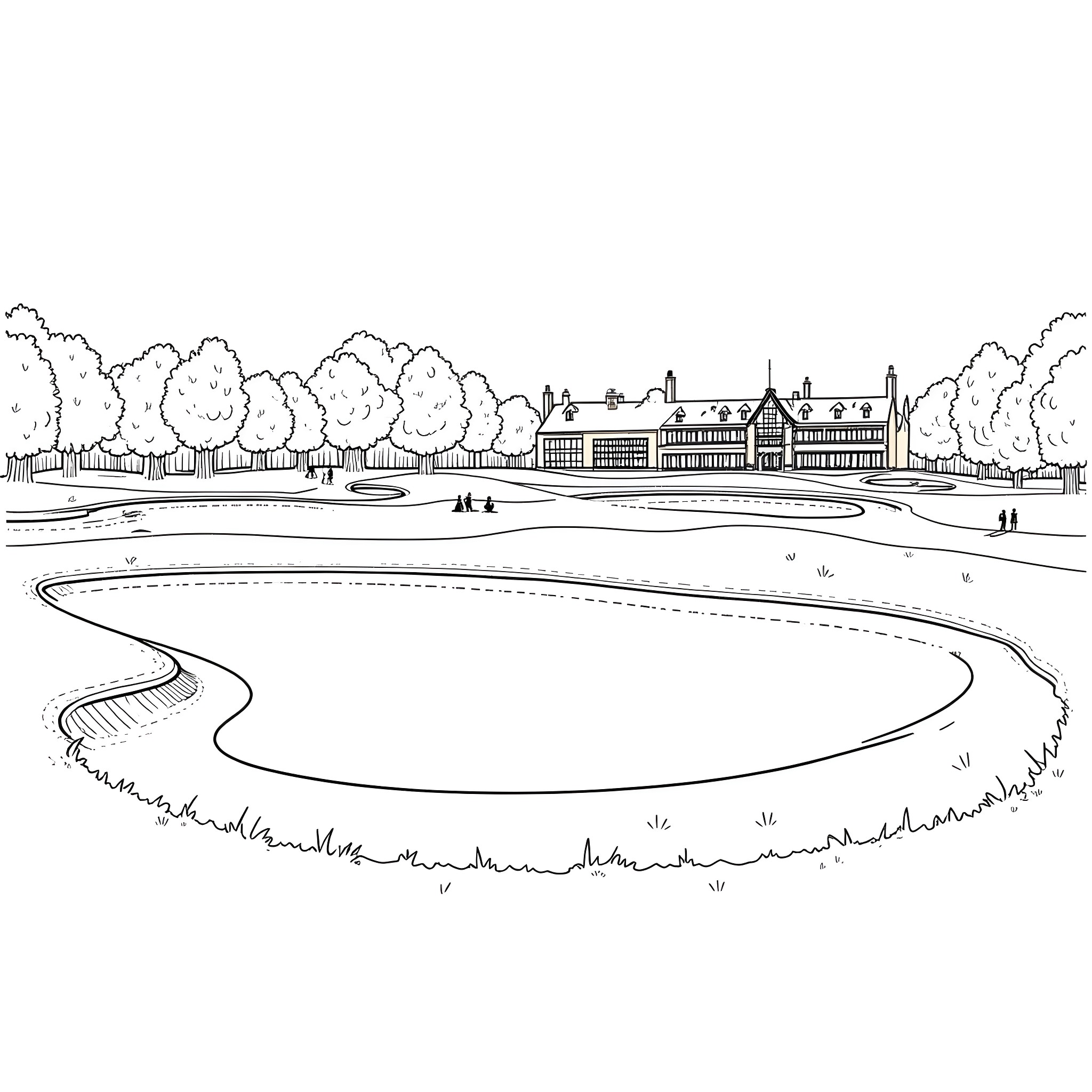 Golf Course with Winding Path and Trees Coloring Page (free black-and-white line drawing printable PDF for all, from beginners to advanced learners, including children, teens, adults, and seniors)