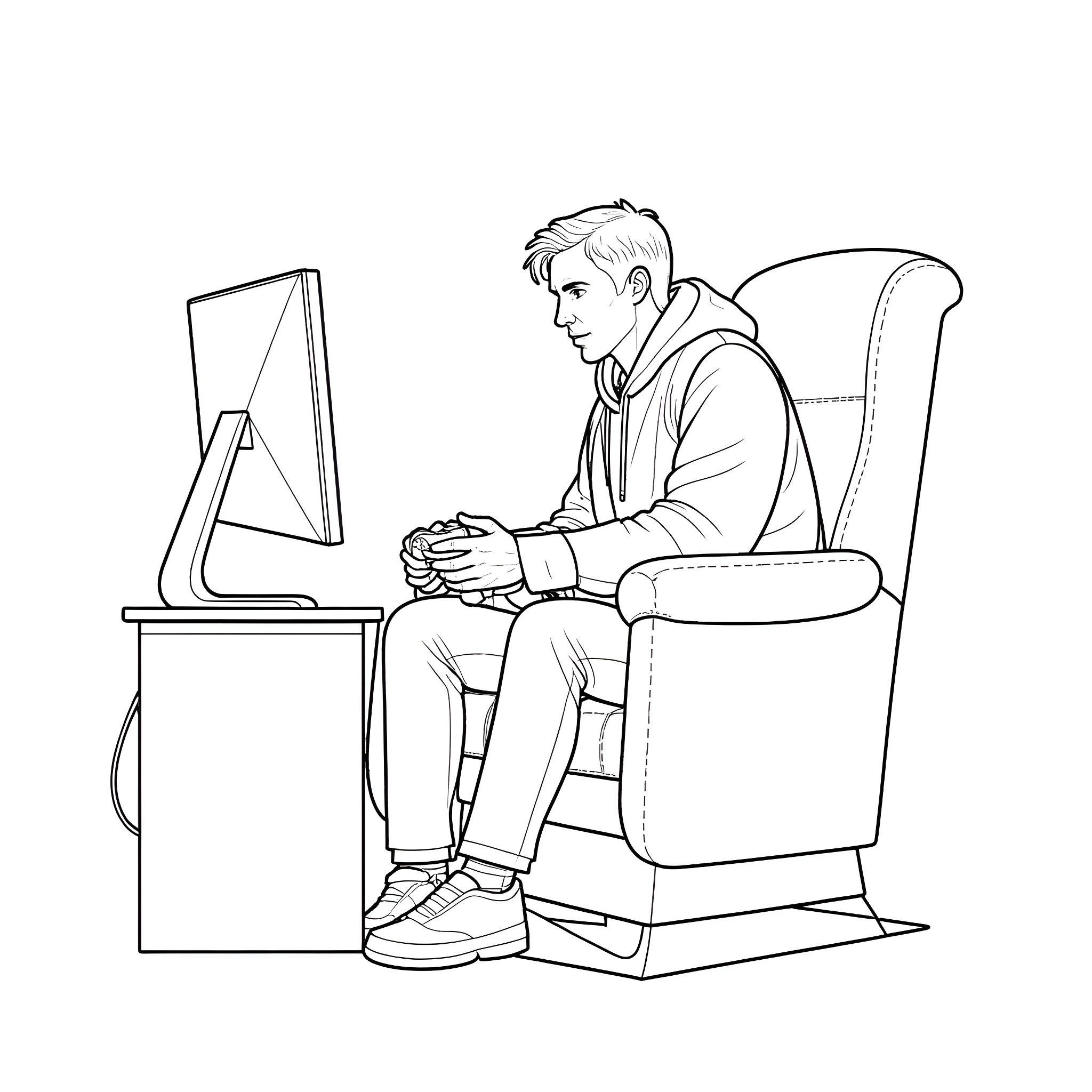 Dean Winchester lost in thought while using computer Coloring Page (free black-and-white line drawing printable PDF for all, from beginners to advanced learners, including children, teens, adults, and seniors)