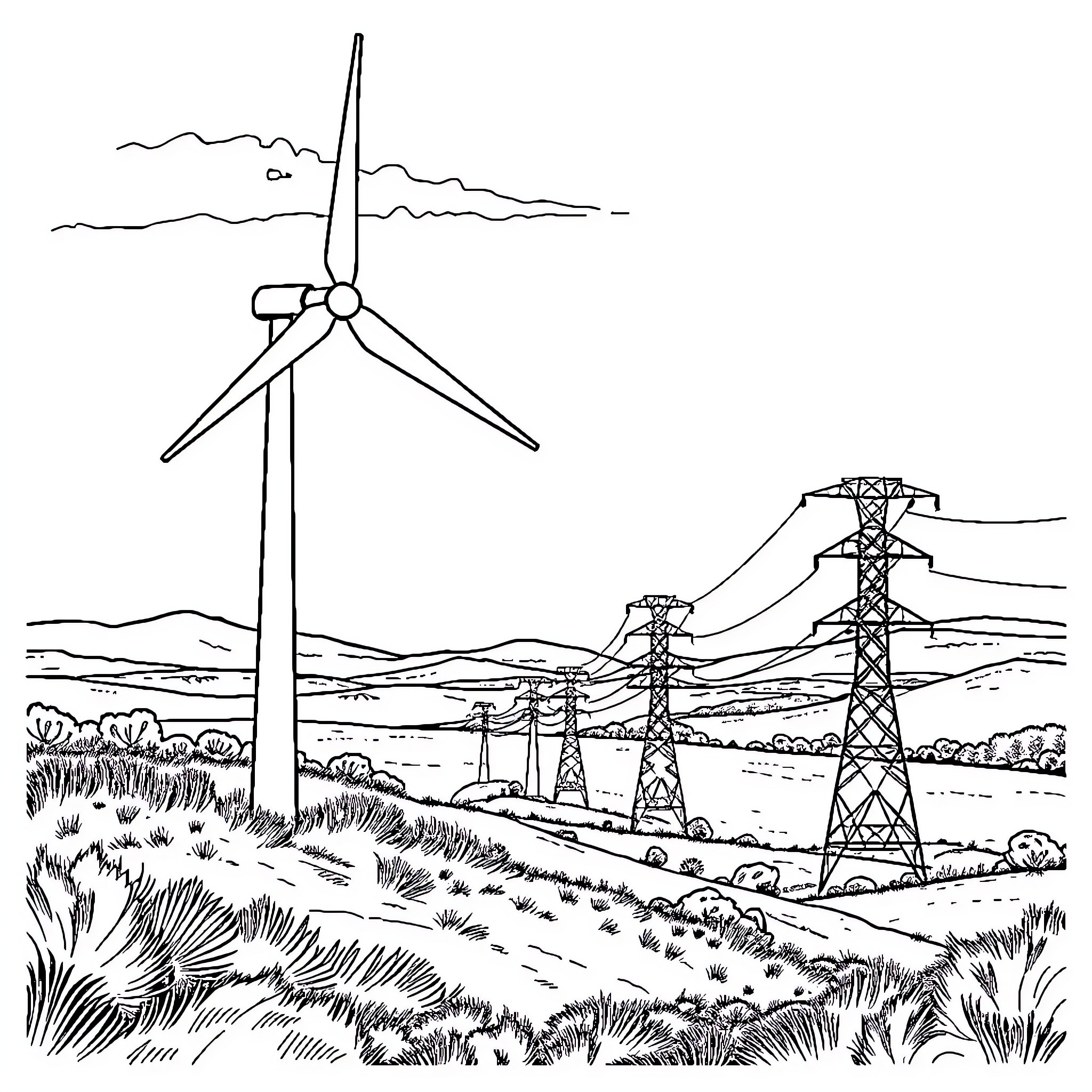 Eolienne - Wind turbines and power lines in a rural landscape Coloring Page (free black-and-white line drawing printable PDF for all, from beginners to advanced learners, including children, teens, adults, and seniors)