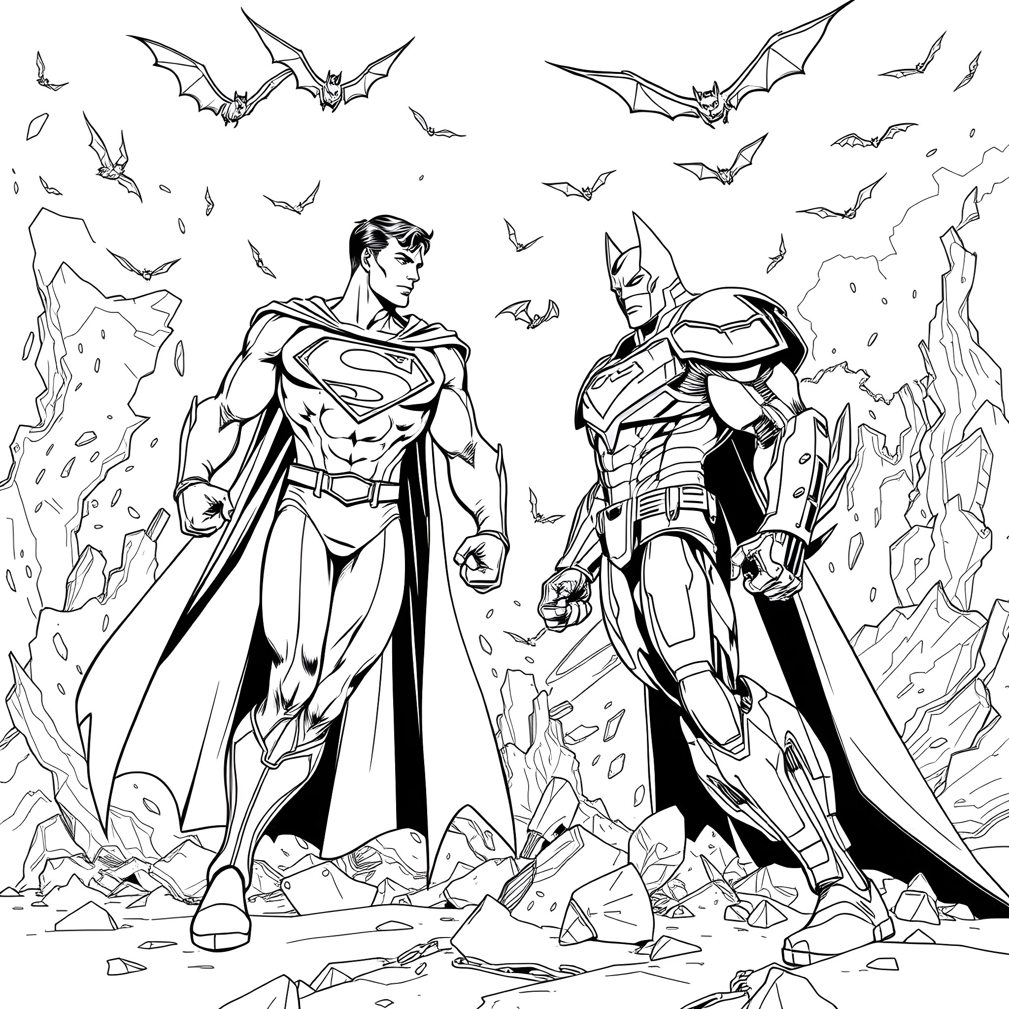 Superman and Batman: Heroes in Action Coloring Page (free black-and-white line drawing printable PDF for all, from beginners to advanced learners, including children, teens, adults, and seniors)