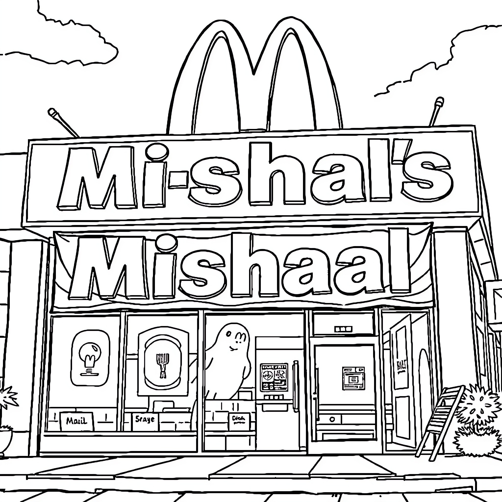 Mishaal's Mishaal - A Playful Establishment Coloring Page (free black-and-white line drawing printable PDF for all, from beginners to advanced learners, including children, teens, adults, and seniors)