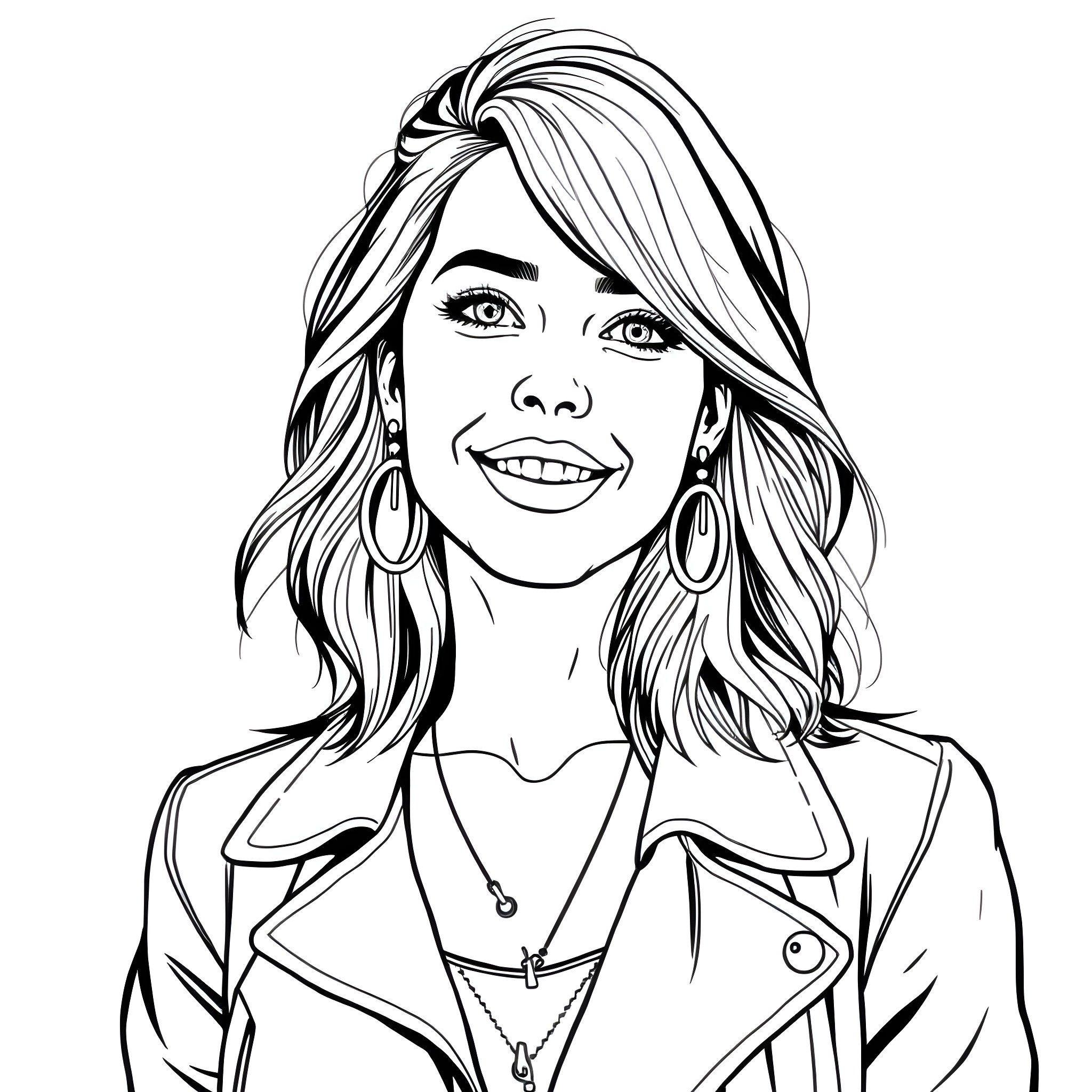 Ana de Armas smiling in a casual outfit Coloring Page (free black-and-white line drawing printable PDF for all, from beginners to advanced learners, including children, teens, adults, and seniors)