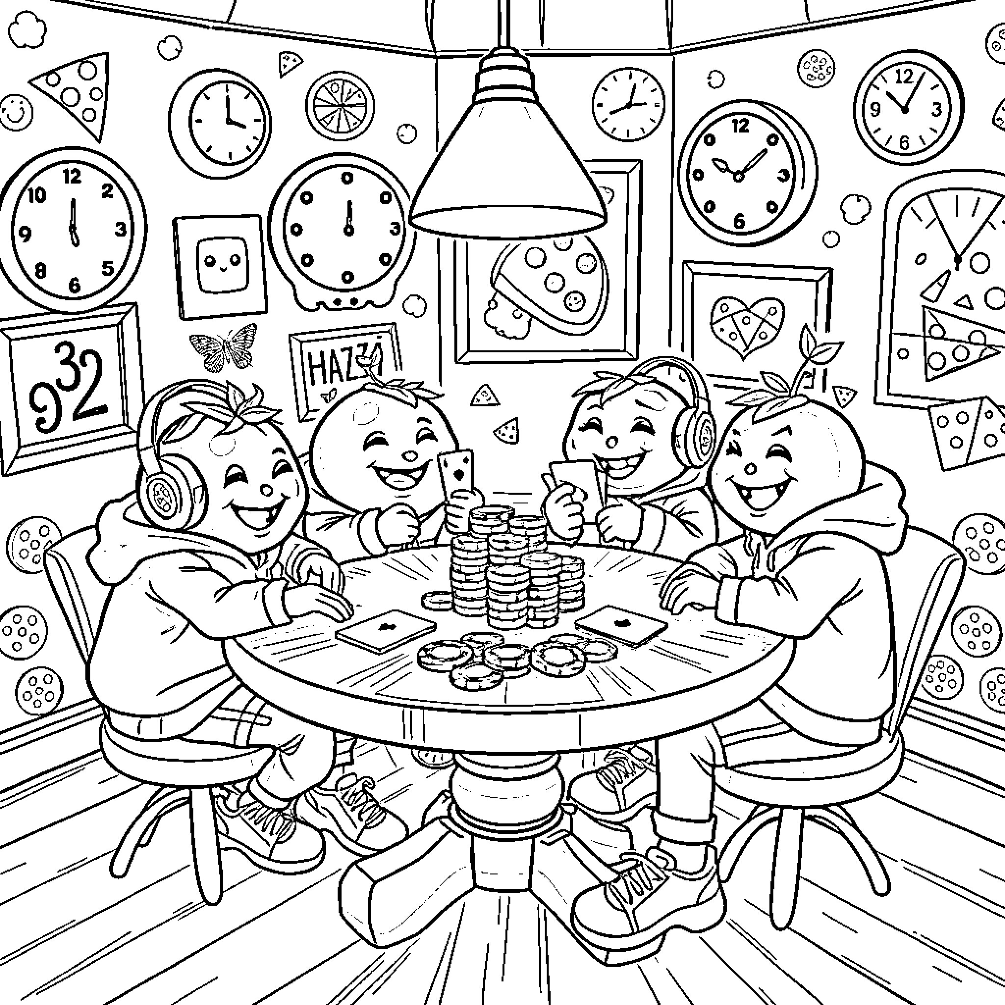 Tomato DJ friends playing together with fun Coloring Page (free black-and-white line drawing printable PDF for all, from beginners to advanced learners, including children, teens, adults, and seniors)