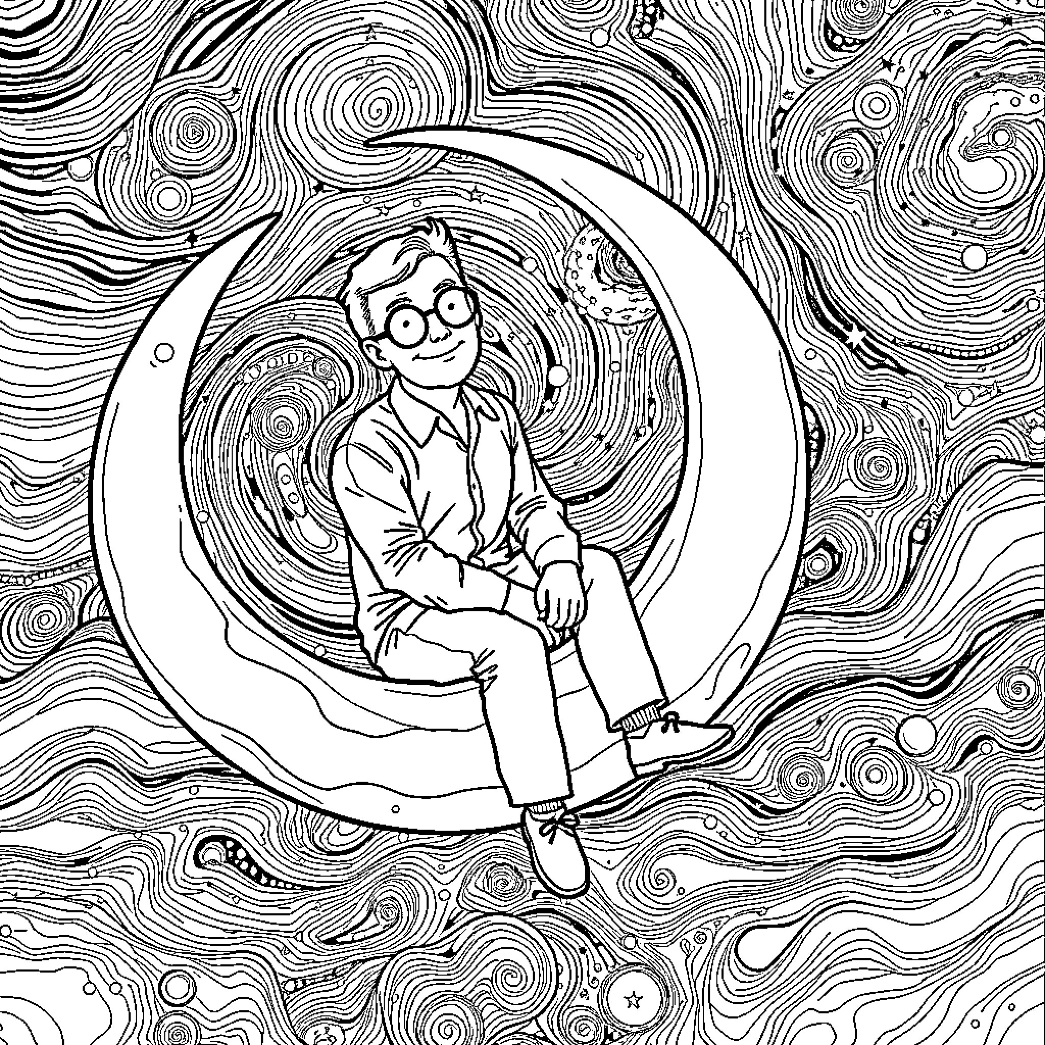 Man sits contentedly in the moon's embrace Coloring Page (free black-and-white line drawing printable PDF for all, from beginners to advanced learners, including children, teens, adults, and seniors)