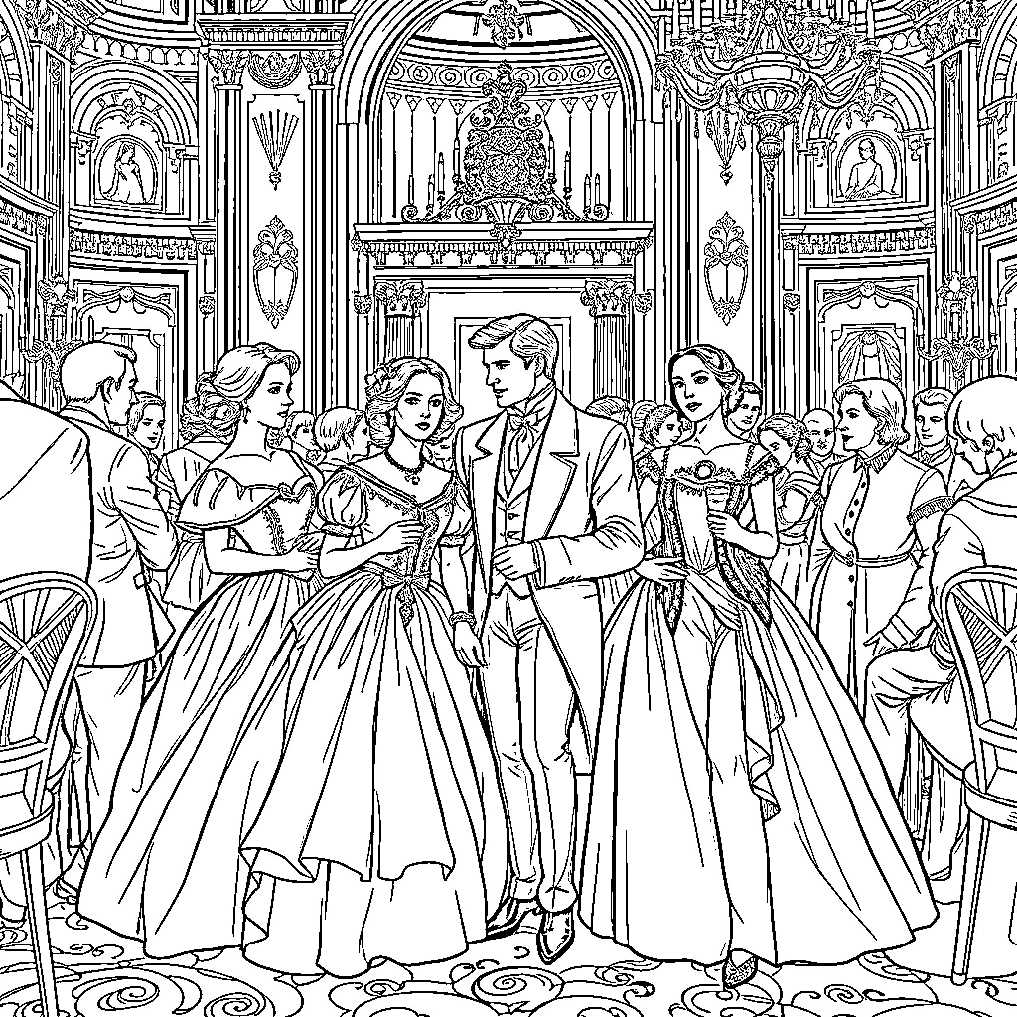 Bridgerton - Elegant Ballroom Scene with Characters in Formal Attire Coloring Page (free black-and-white line drawing printable PDF for all, from beginners to advanced learners, including children, teens, adults, and seniors)