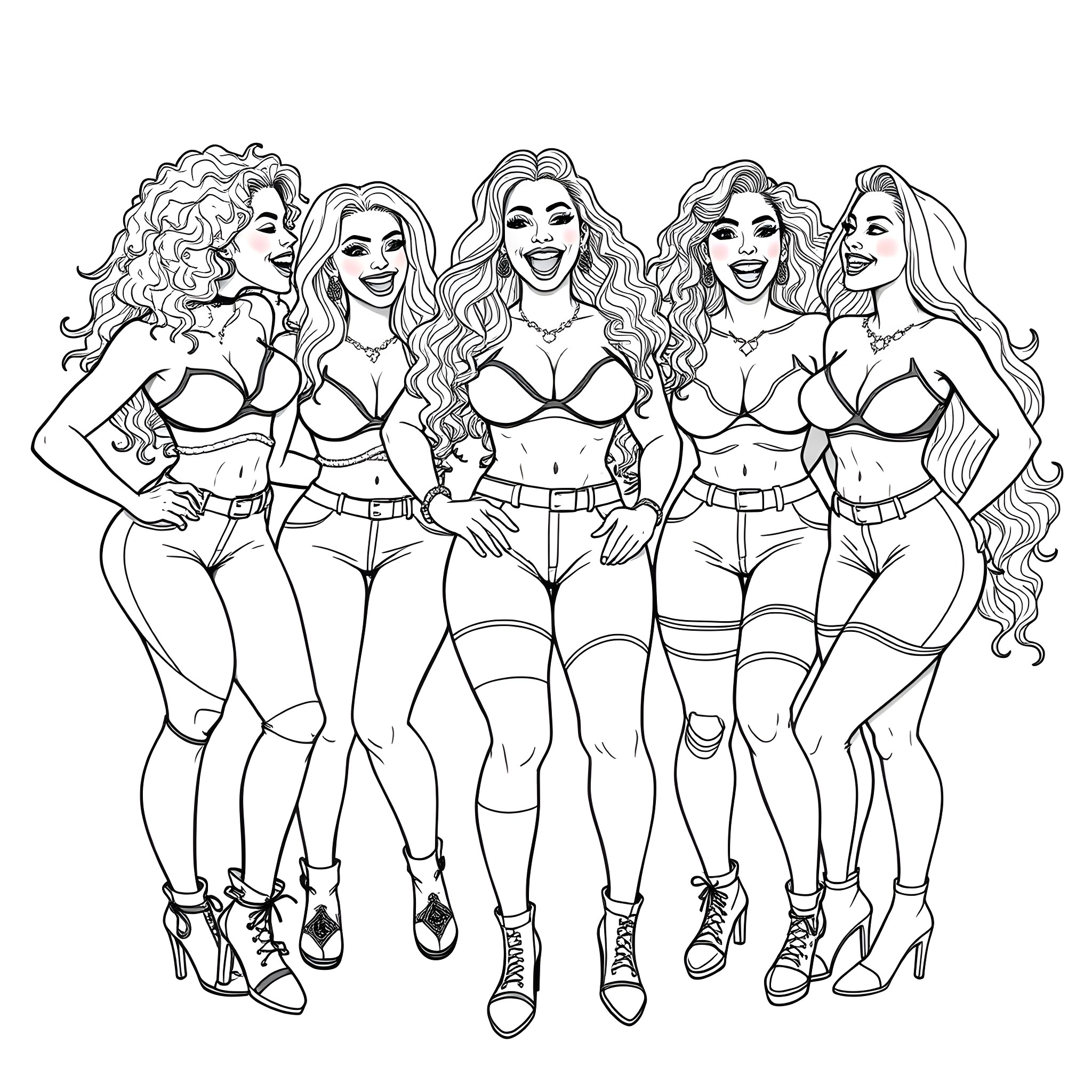 Natalie Nunn and her glamorous friends posing in stylish outfits Coloring Page (free black-and-white line drawing printable PDF for all, from beginners to advanced learners, including children, teens, adults, and seniors)