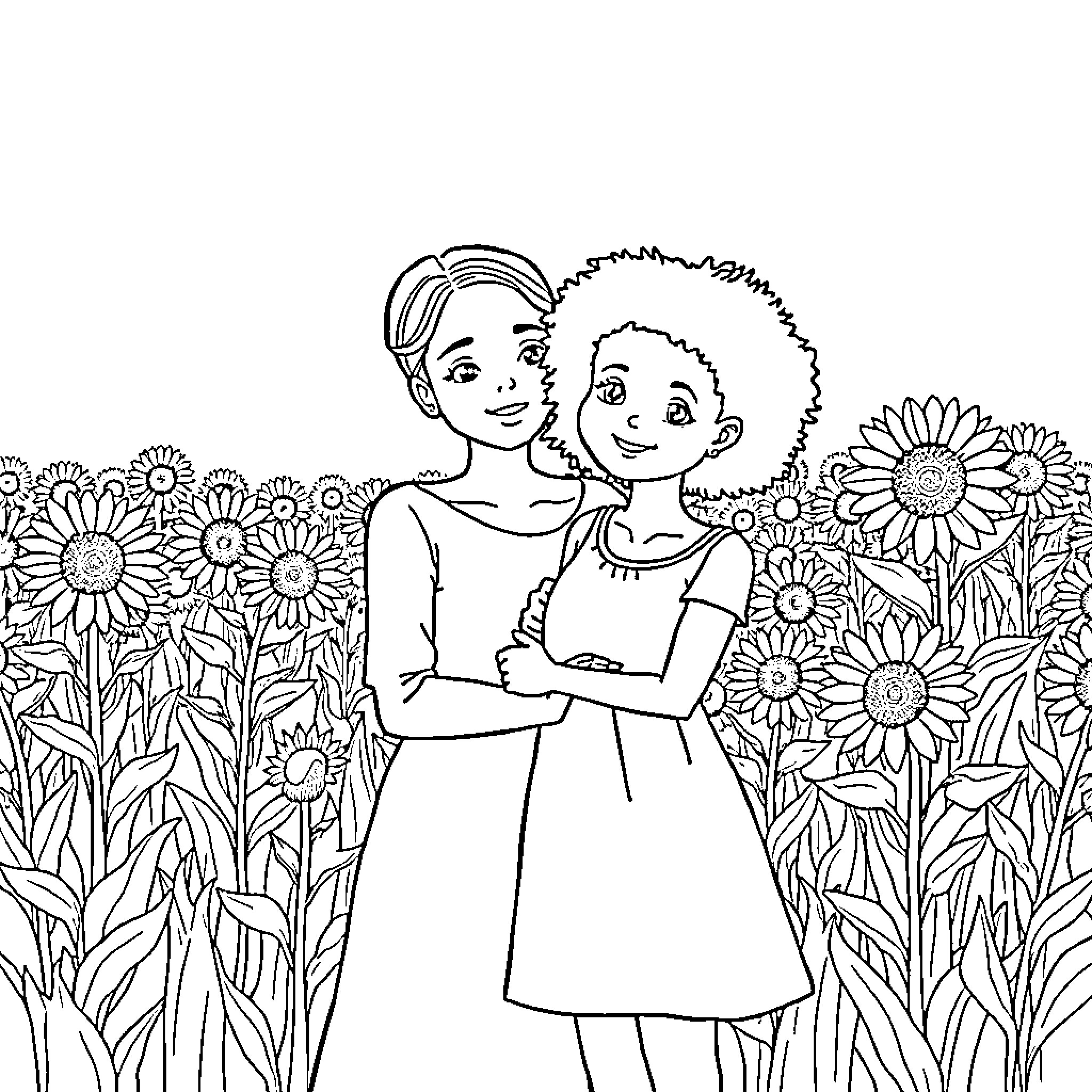 Mum and child embracing in a sunflower field Coloring Page (free black-and-white line drawing printable PDF for all, from beginners to advanced learners, including children, teens, adults, and seniors)