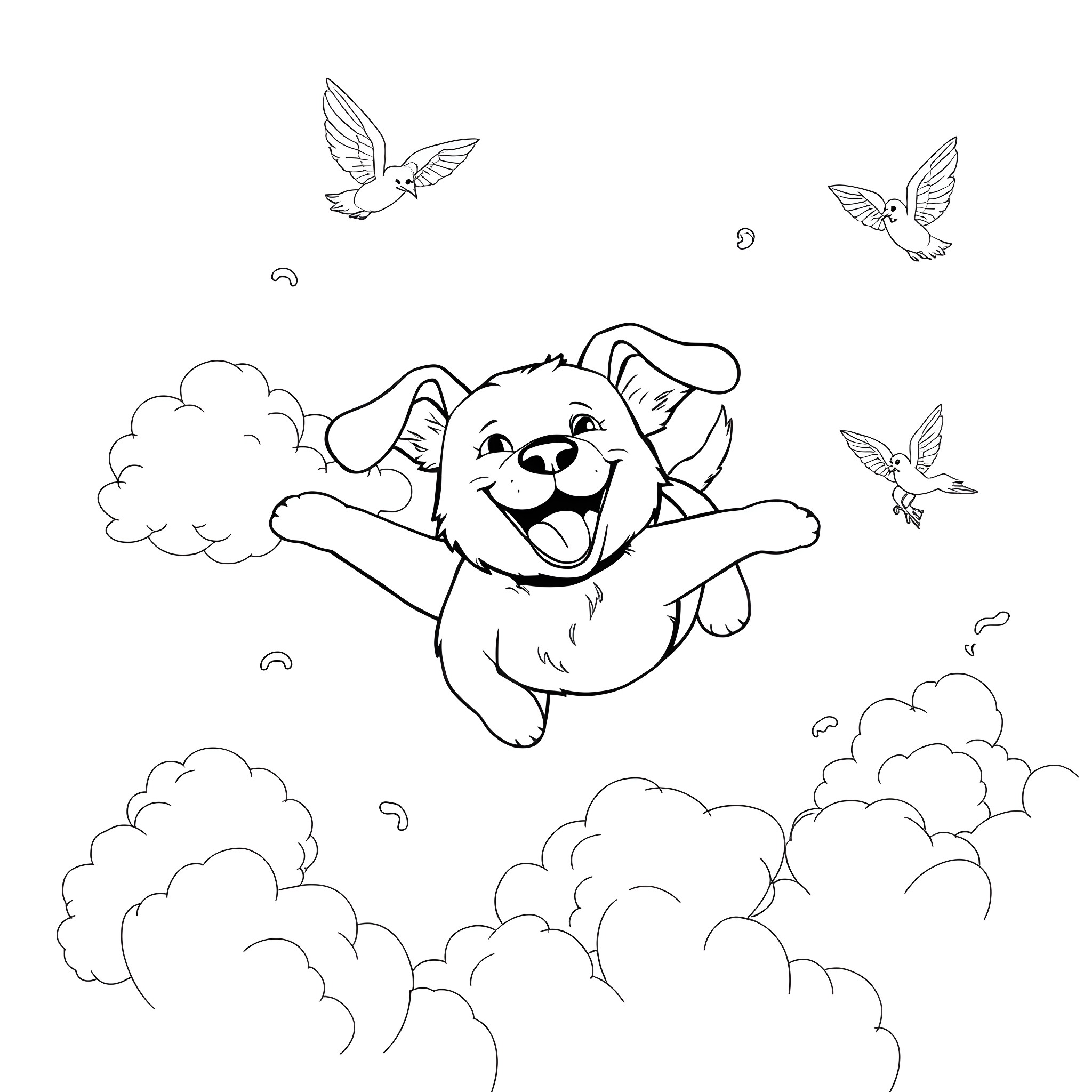 Flying Dog Enjoying Playful Freedom in the Clouds Coloring Page (free black-and-white line drawing printable PDF for all, from beginners to advanced learners, including children, teens, adults, and seniors)