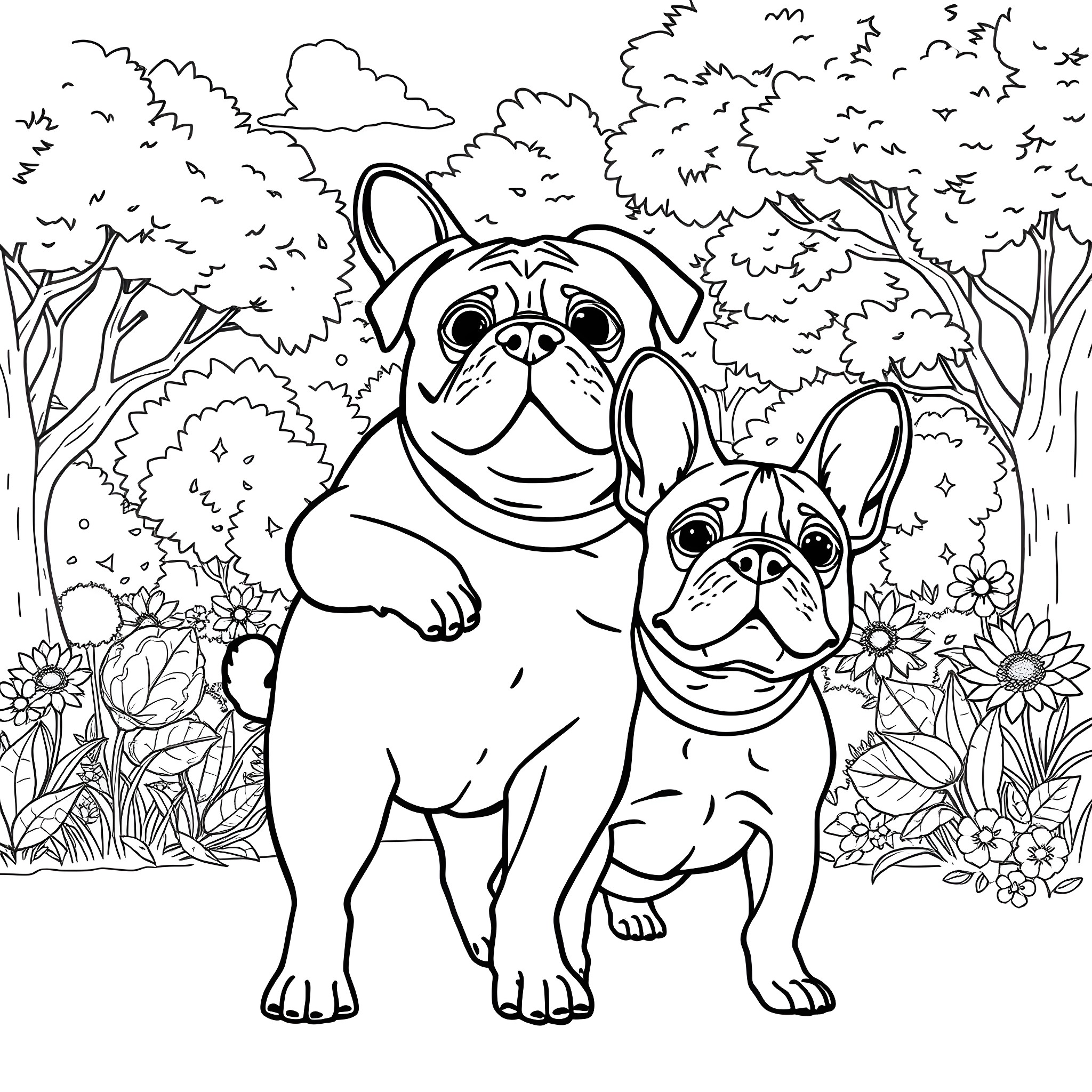 Chug of Cheerful Canine Companions in Lush Landscape Coloring Page (free black-and-white line drawing printable PDF for all, from beginners to advanced learners, including children, teens, adults, and seniors)