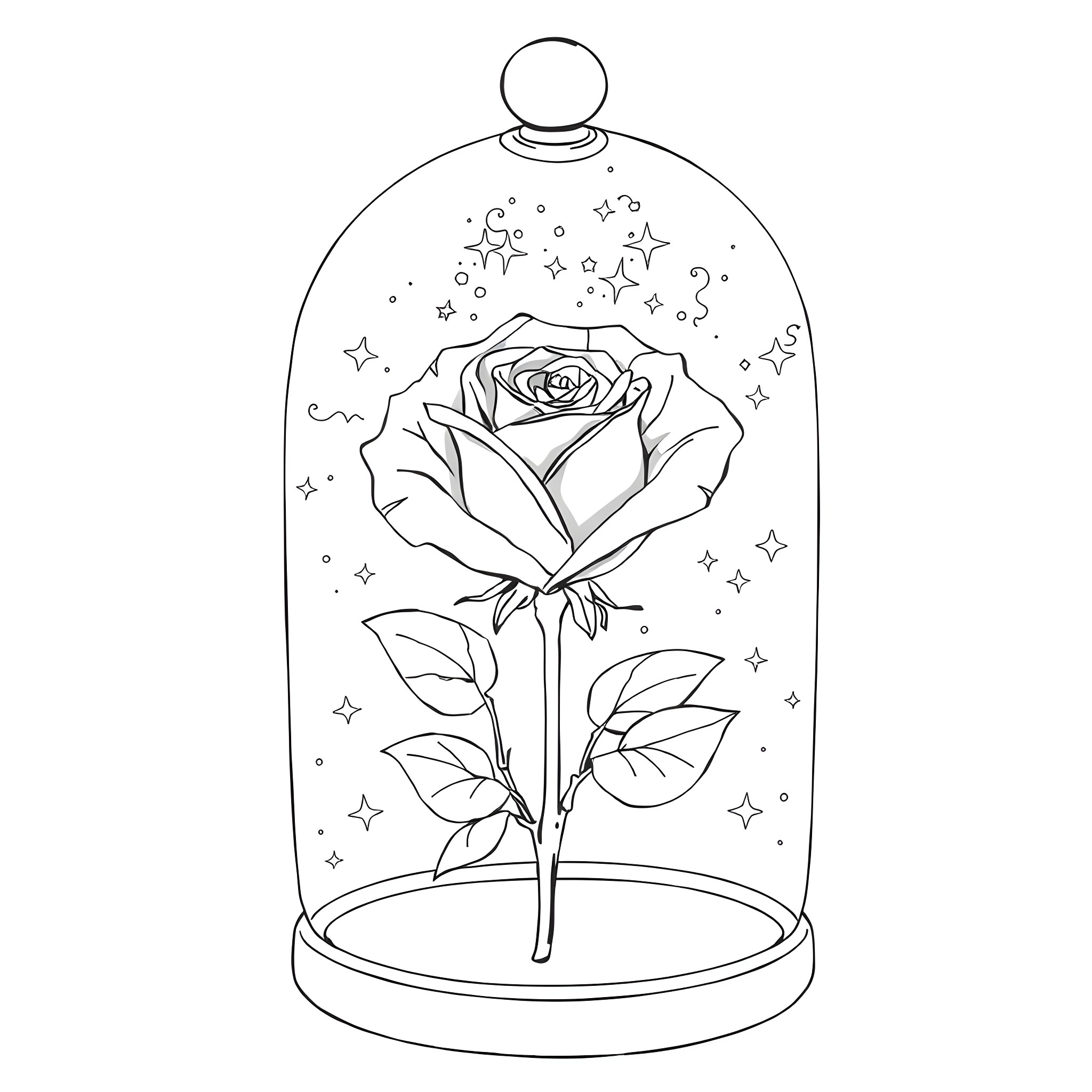 Rose encased in a magical glass dome Coloring Page (free black-and-white line drawing printable PDF for all, from beginners to advanced learners, including children, teens, adults, and seniors)