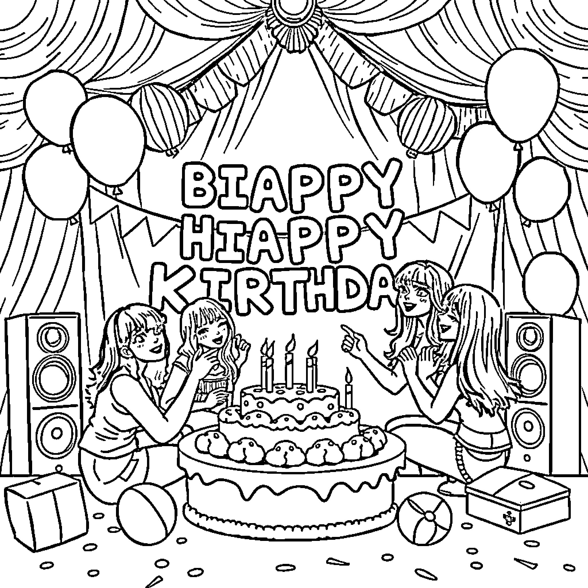 K Pop Celebration with Festive Decor and Cake Coloring Page (free black-and-white line drawing printable PDF for all, from beginners to advanced learners, including children, teens, adults, and seniors)