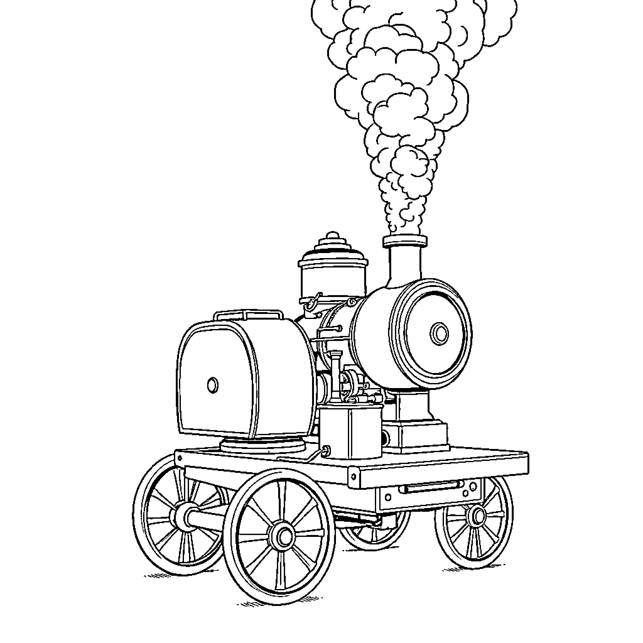 Steam Engine Chugging Through the Countryside Coloring Page (free black-and-white line drawing printable PDF for all, from beginners to advanced learners, including children, teens, adults, and seniors)