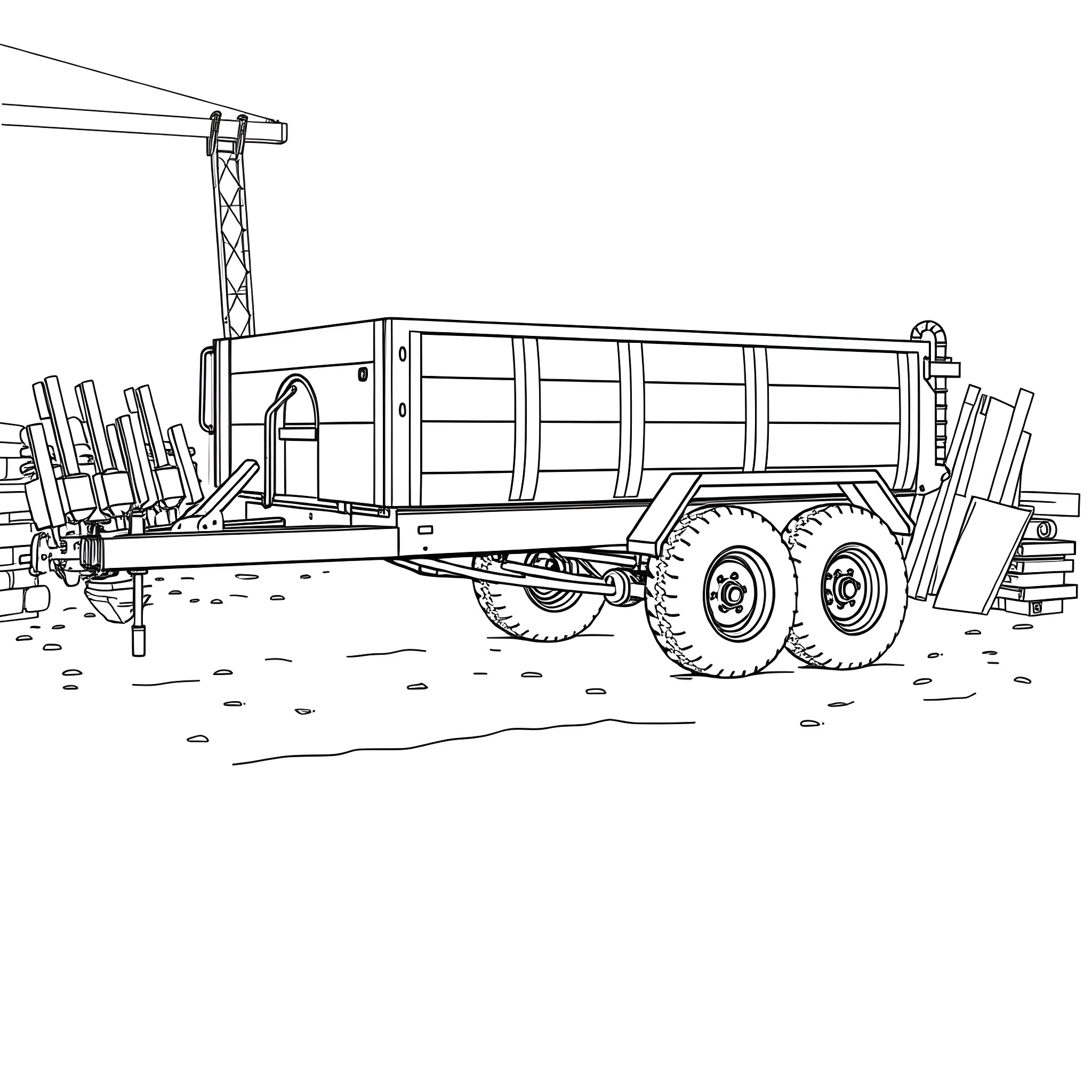 Dump Trailer Transporting Construction Materials Coloring Page (free black-and-white line drawing printable PDF for all, from beginners to advanced learners, including children, teens, adults, and seniors)