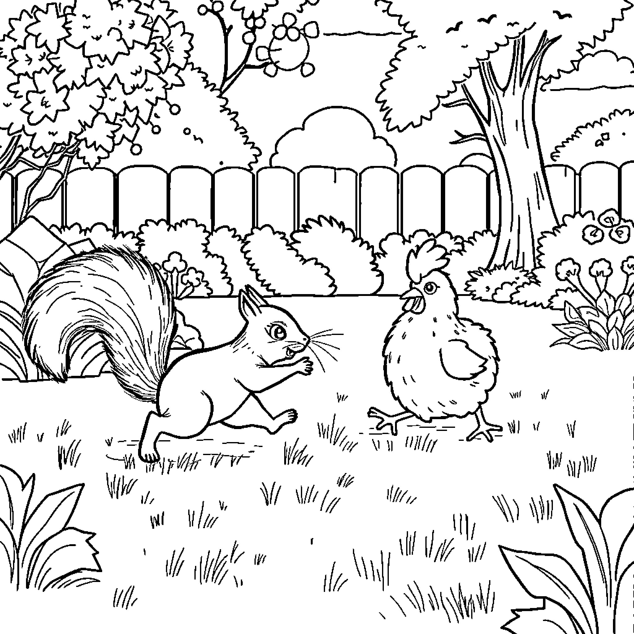 Squirrel and Chicken in Backyard Garden Coloring Page (free black-and-white line drawing printable PDF for all, from beginners to advanced learners, including children, teens, adults, and seniors)