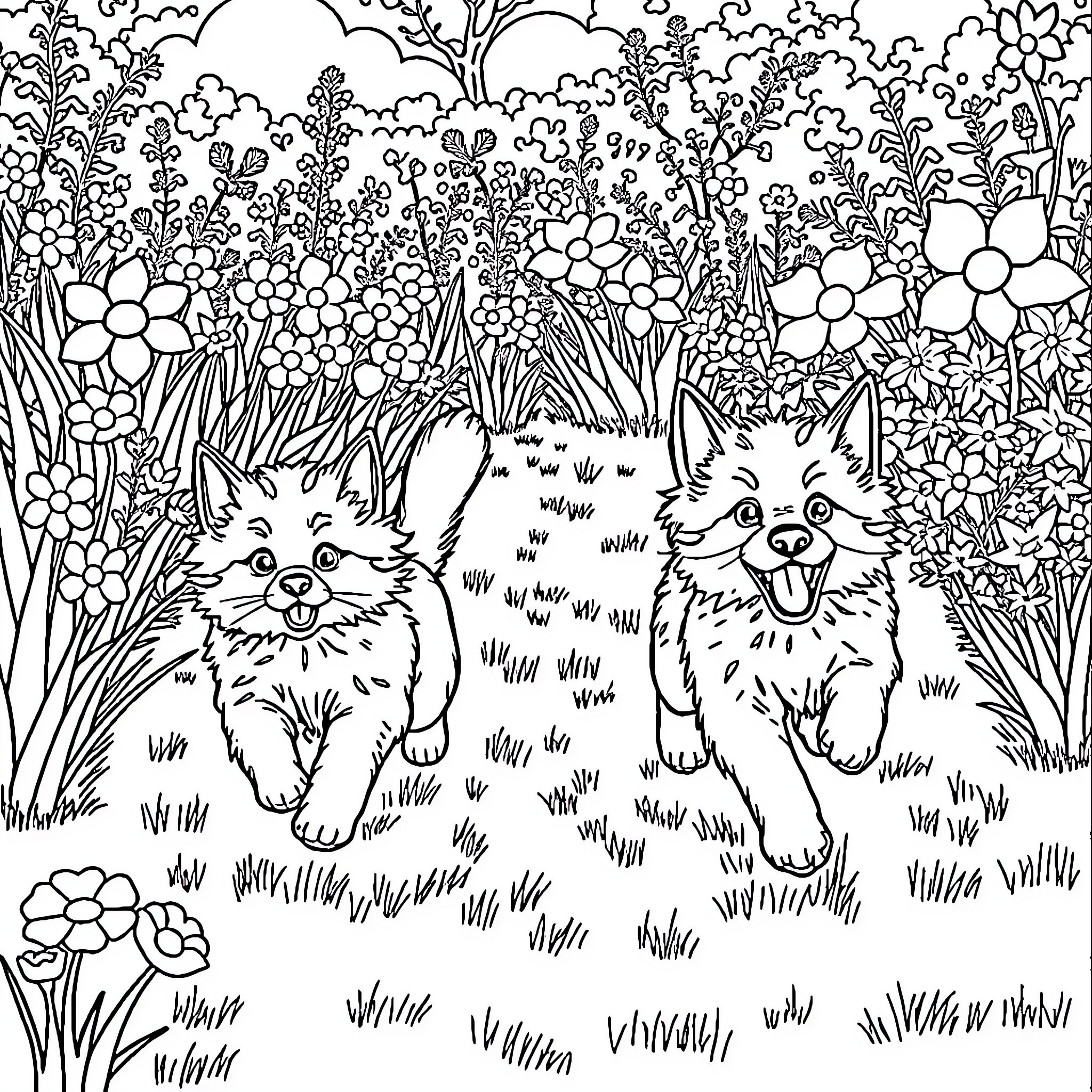 Cat friends playing in a lush floral garden Coloring Page (free black-and-white line drawing printable PDF for all, from beginners to advanced learners, including children, teens, adults, and seniors)