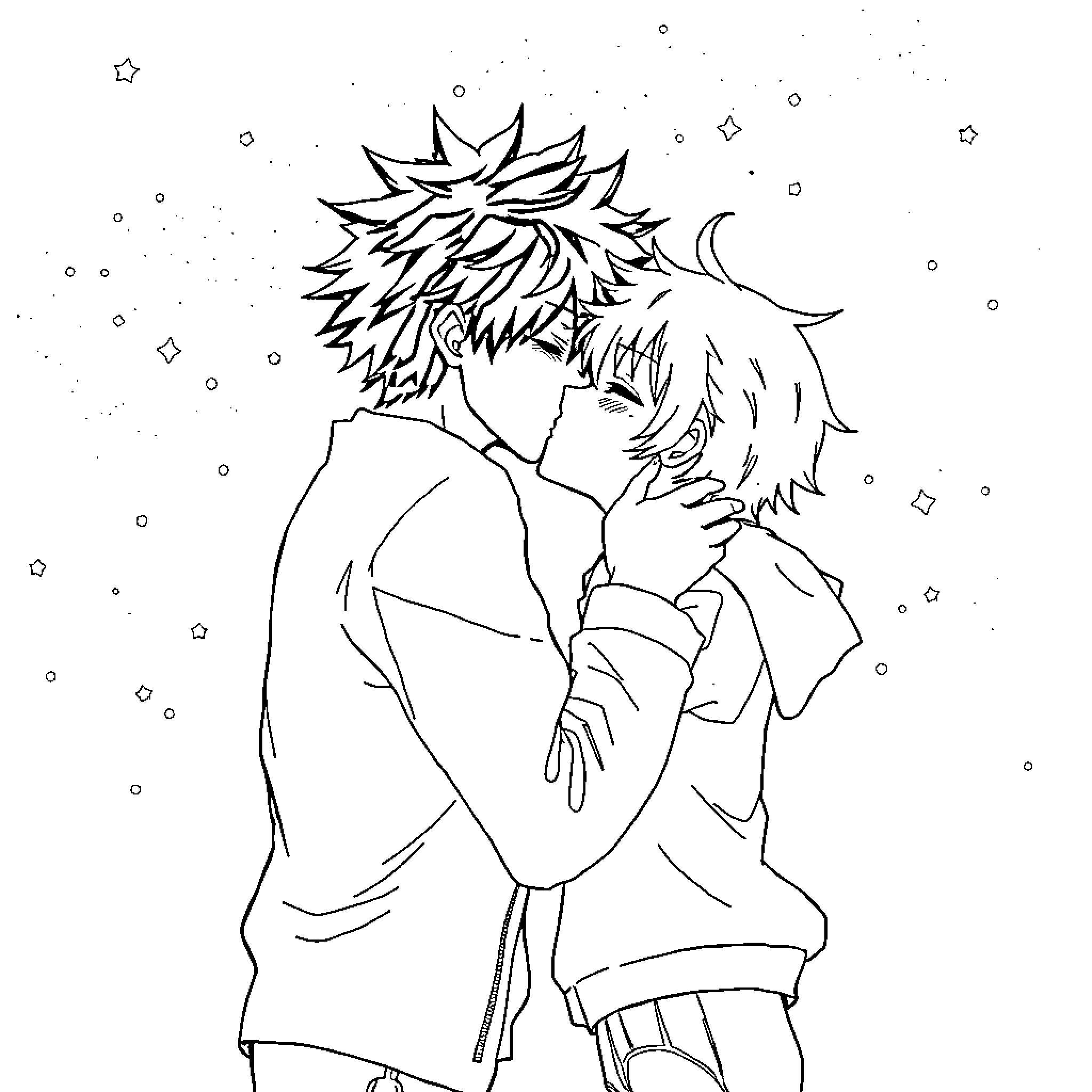 Katsuki Bakugo's intense expression and dynamic pose Coloring Page (free black-and-white line drawing printable PDF for all, from beginners to advanced learners, including children, teens, adults, and seniors)