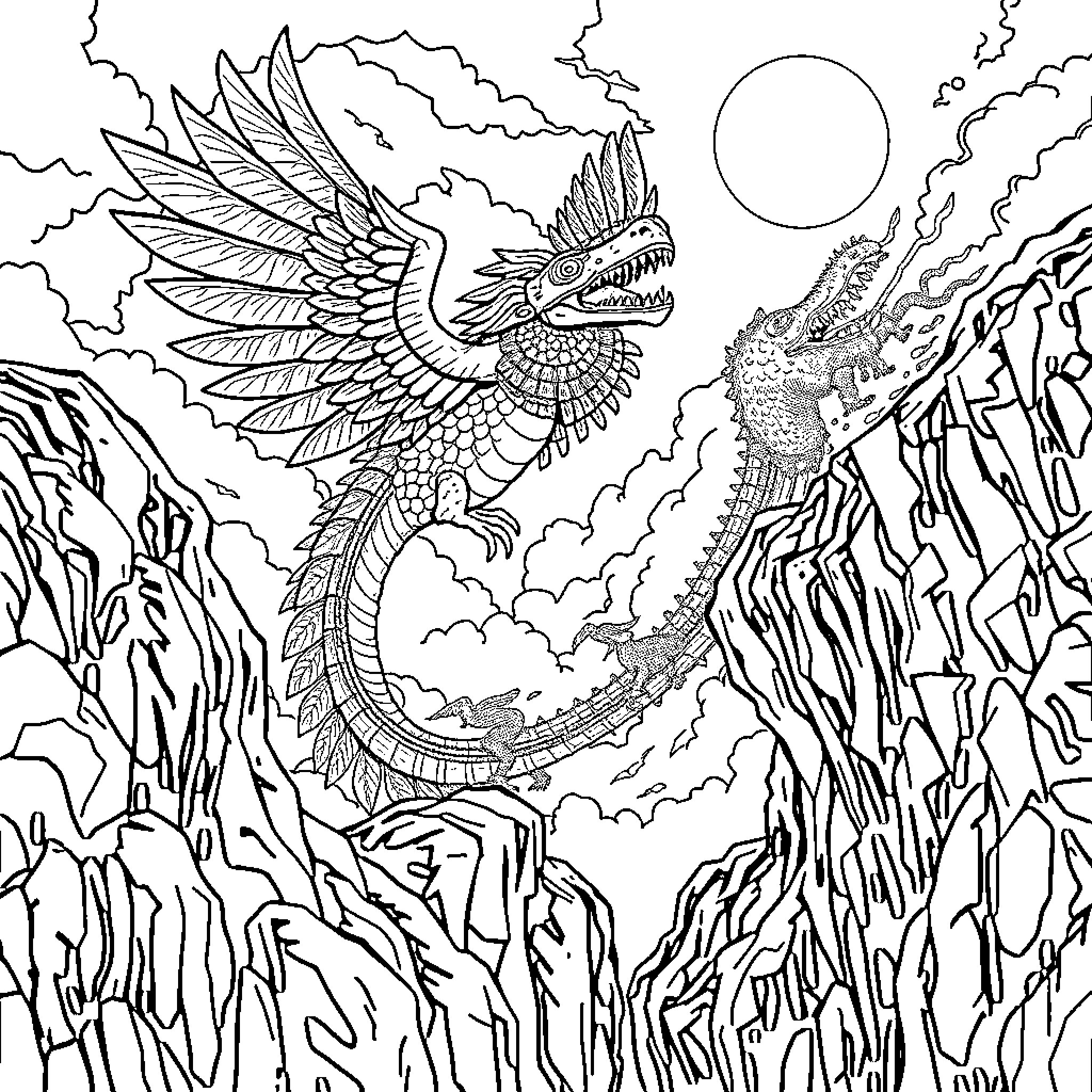 Quetzalcoatl's Majestic Flight through the Clouds Coloring Page (free black-and-white line drawing printable PDF for all, from beginners to advanced learners, including children, teens, adults, and seniors)