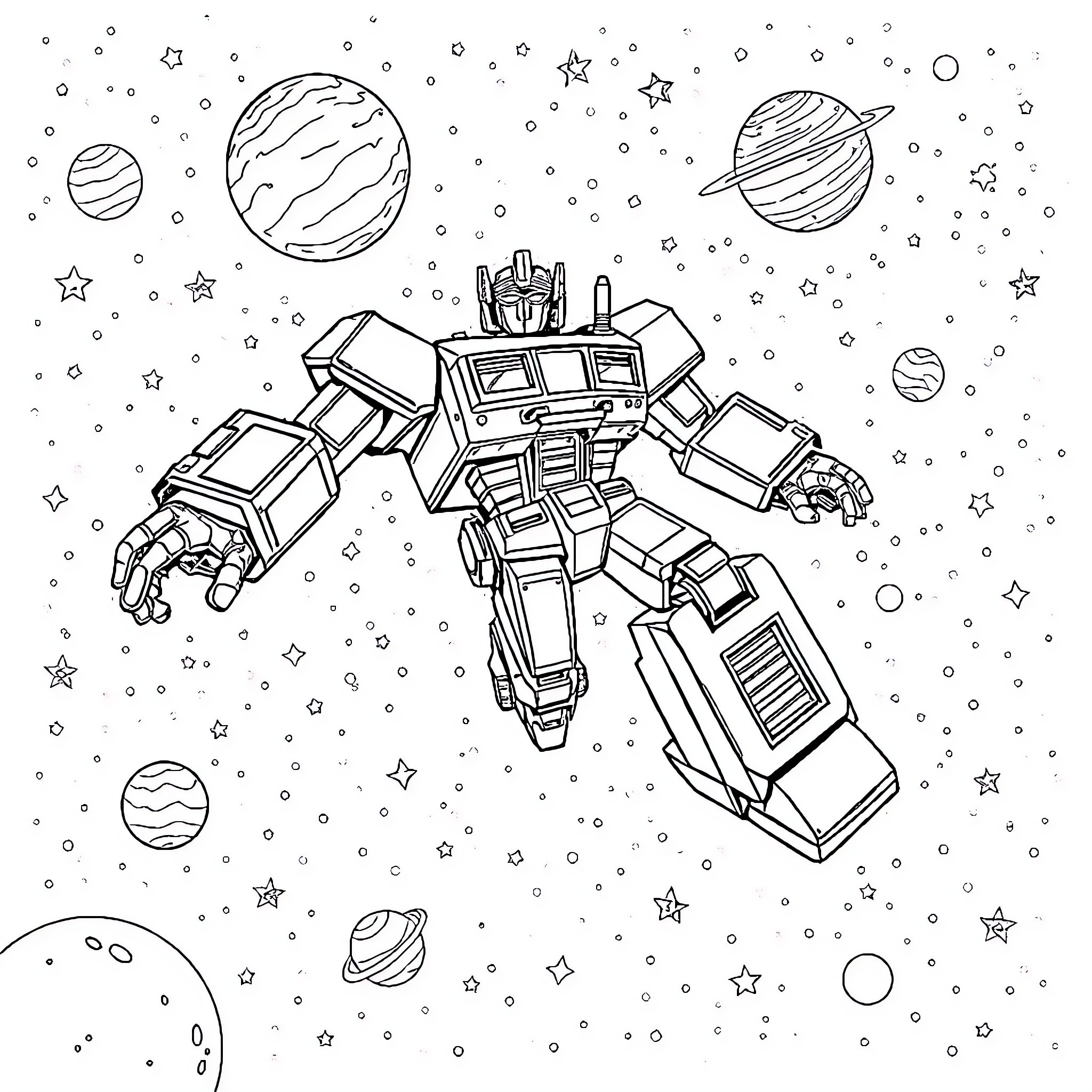 Transformer robot battling in the cosmos Coloring Page (free black-and-white line drawing printable PDF for all, from beginners to advanced learners, including children, teens, adults, and seniors)