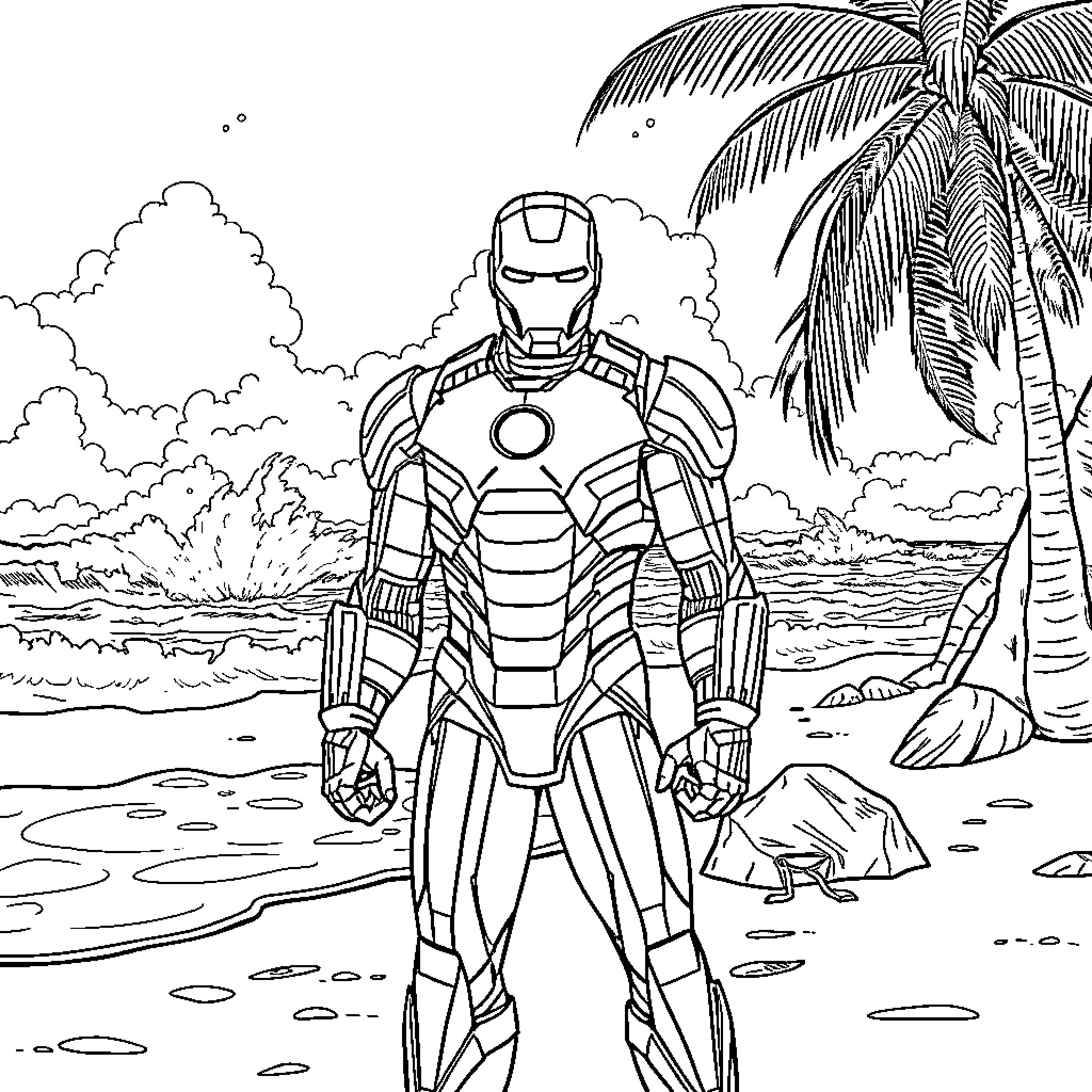 Iron Man standing heroically on a tropical beach Coloring Page (free black-and-white line drawing printable PDF for all, from beginners to advanced learners, including children, teens, adults, and seniors)