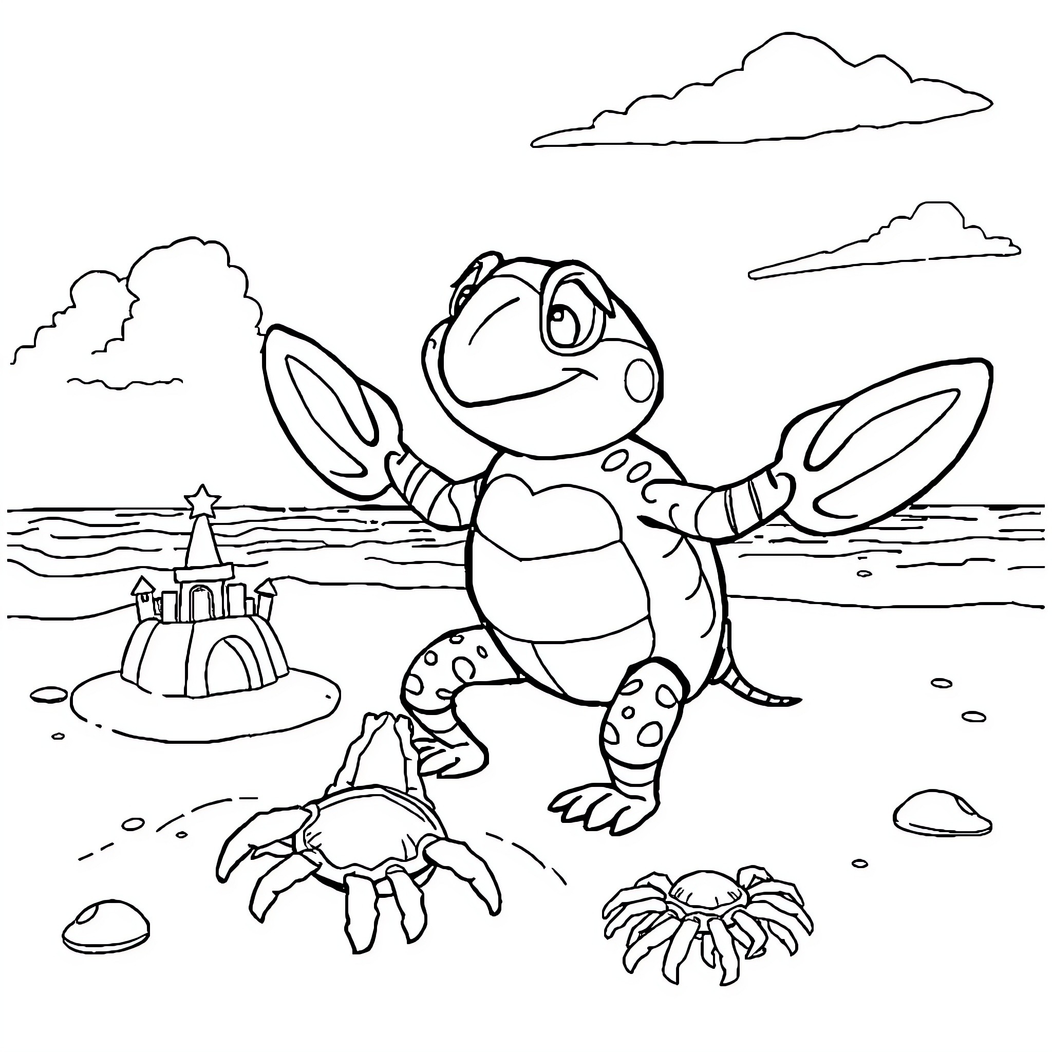 Paw Patrol Puppy Enjoying Beach Adventure Coloring Page (free black-and-white line drawing printable PDF for all, from beginners to advanced learners, including children, teens, adults, and seniors)