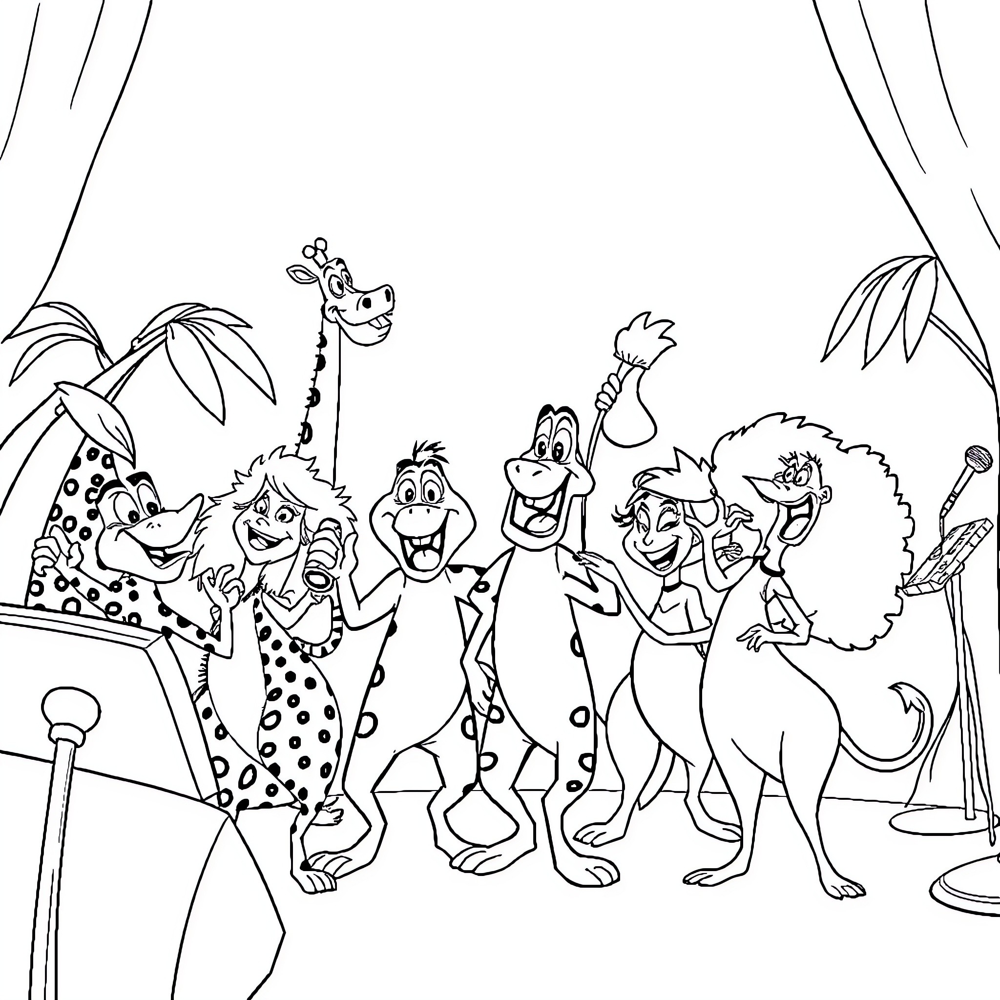 Madagascar characters posing in a jungle setting Coloring Page (free black-and-white line drawing printable PDF for all, from beginners to advanced learners, including children, teens, adults, and seniors)